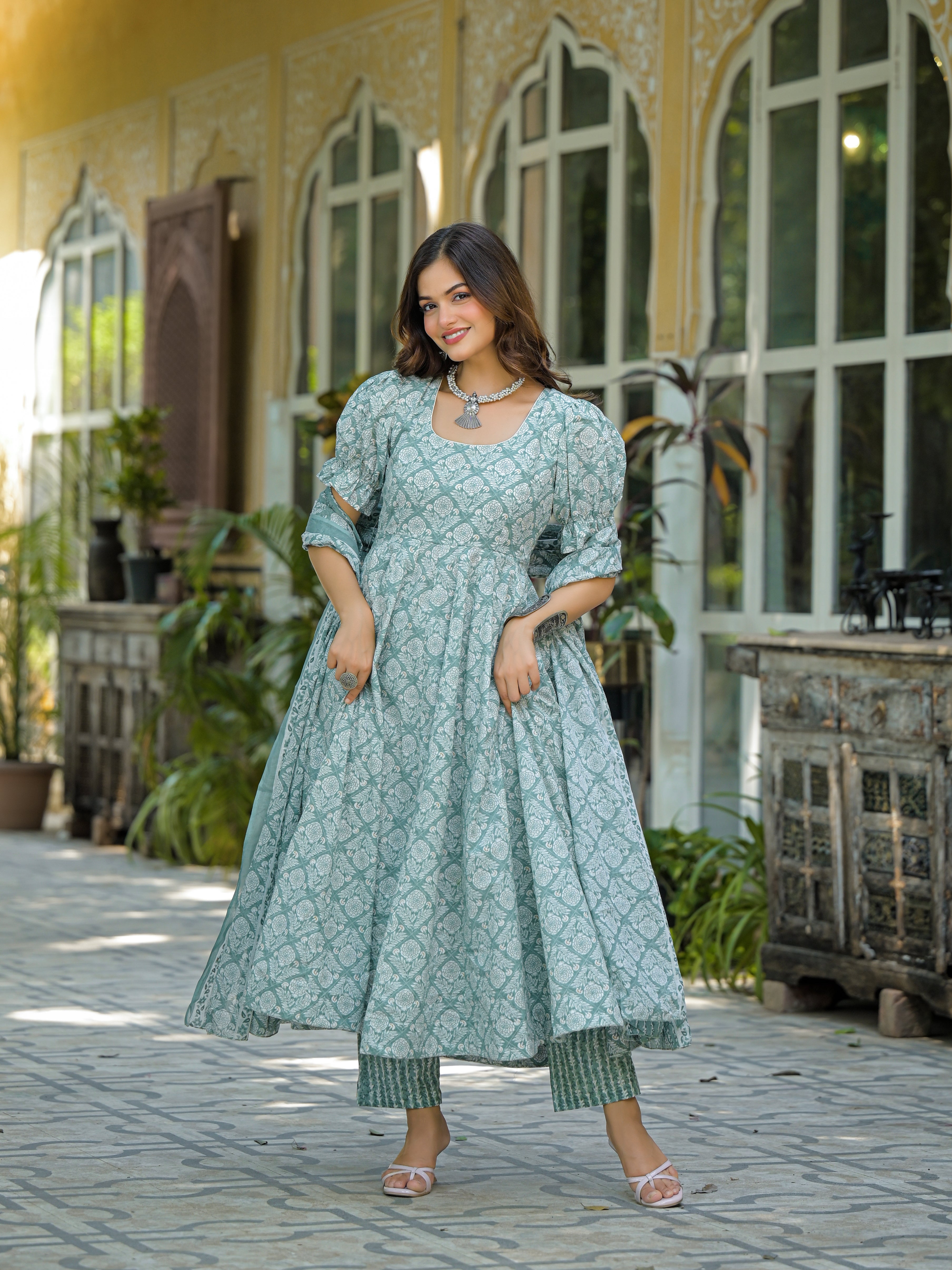 Mint Green & White Printed Anarkali Kurta Set with Dupatta