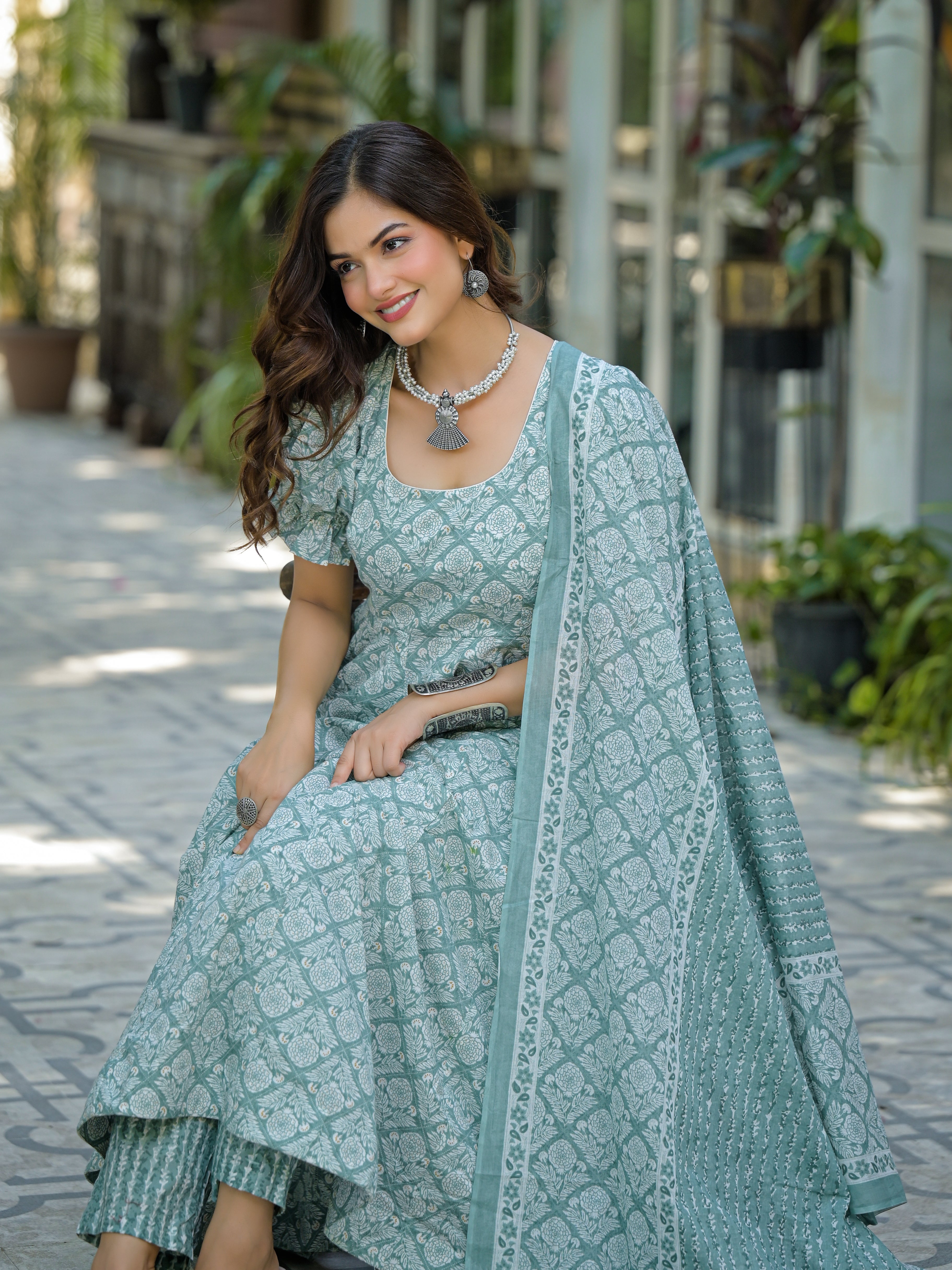 Mint Green & White Printed Anarkali Kurta Set with Dupatta