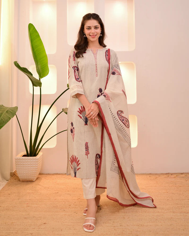 Ivory Green And  Red Lotus Striped Cotton Suit