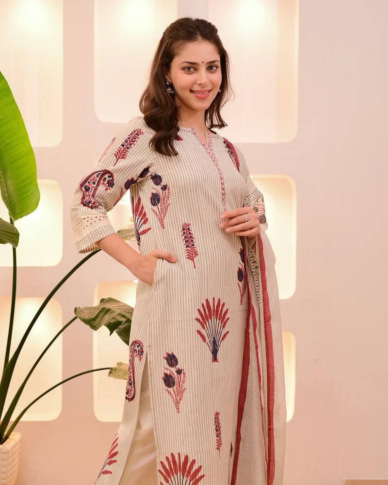 Ivory Green And  Red Lotus Striped Cotton Suit