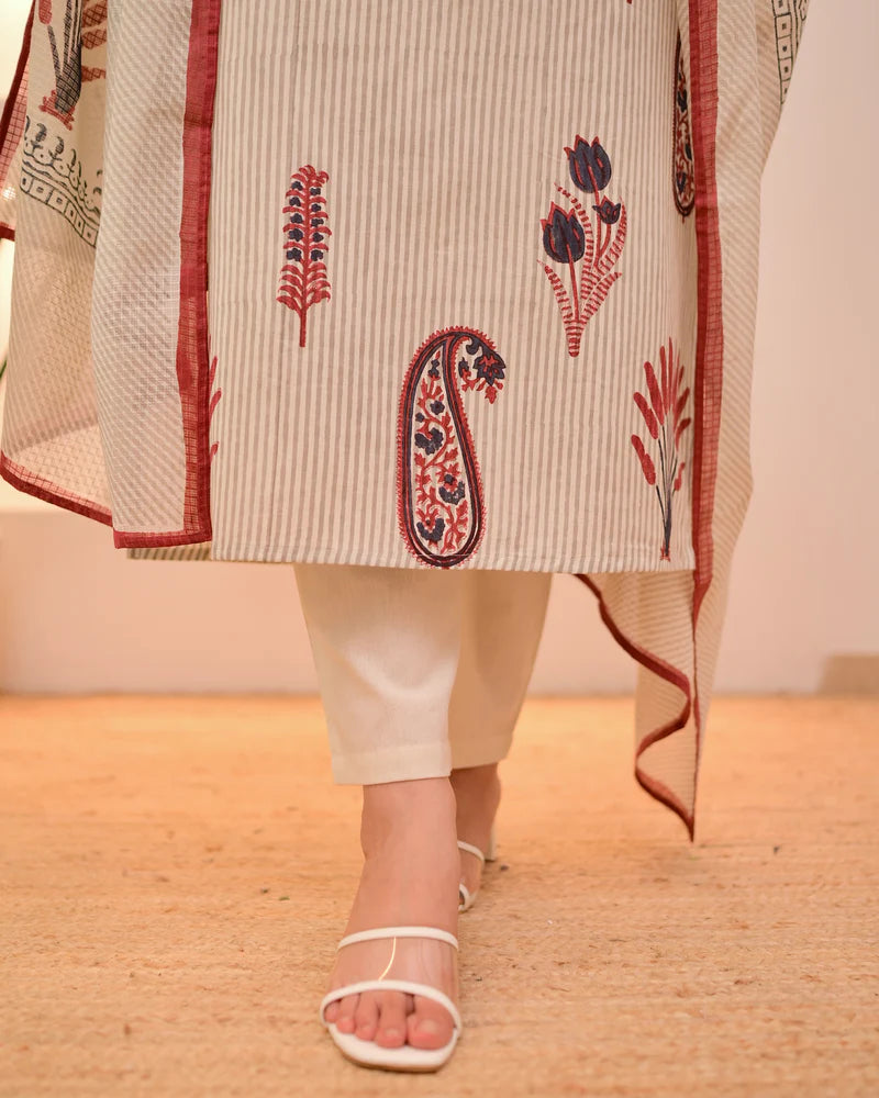 Ivory Green And  Red Lotus Striped Cotton Suit