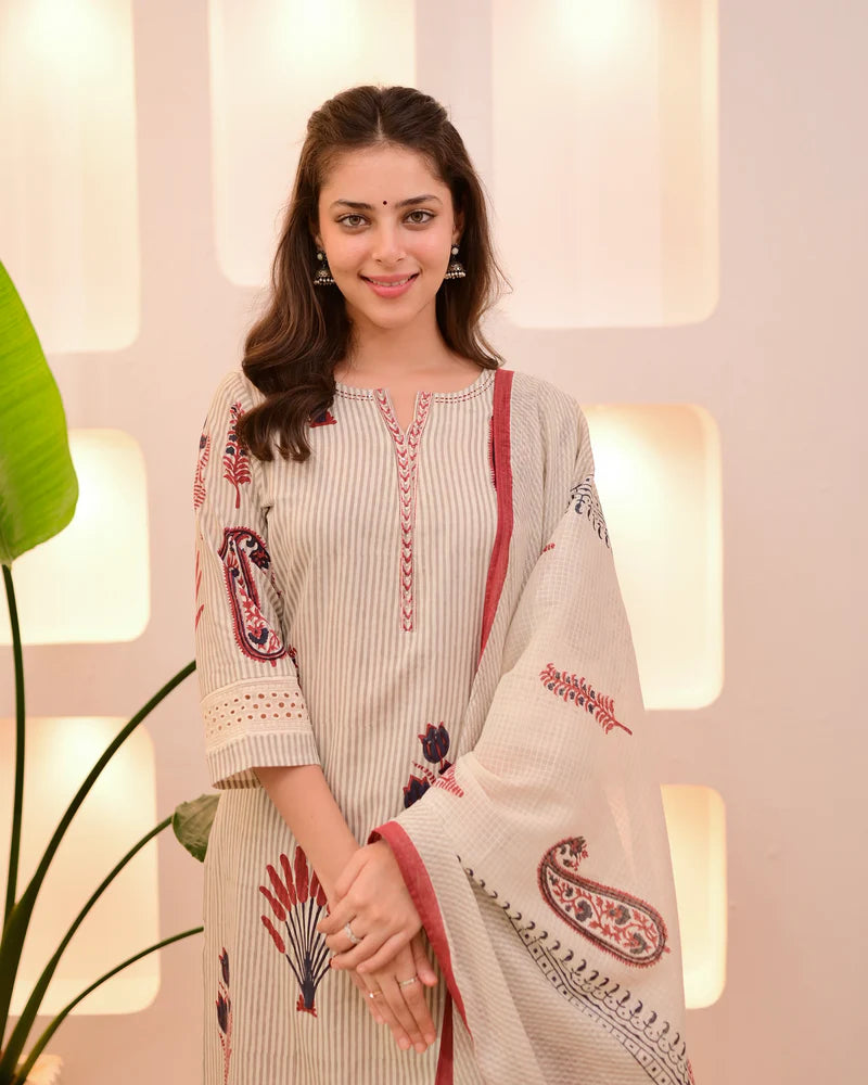 Ivory Green And  Red Lotus Striped Cotton Suit