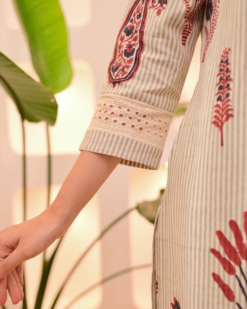 Ivory Green And  Red Lotus Striped Cotton Suit