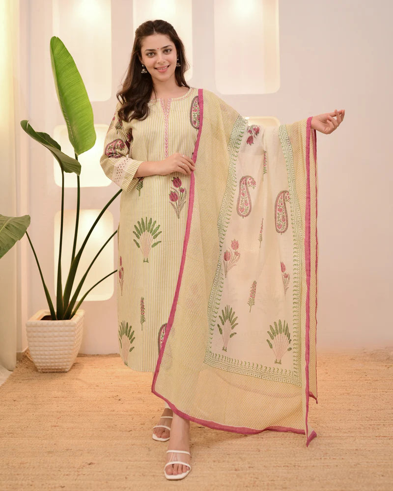 Ivory Green And  Red Lotus Striped Cotton Suit