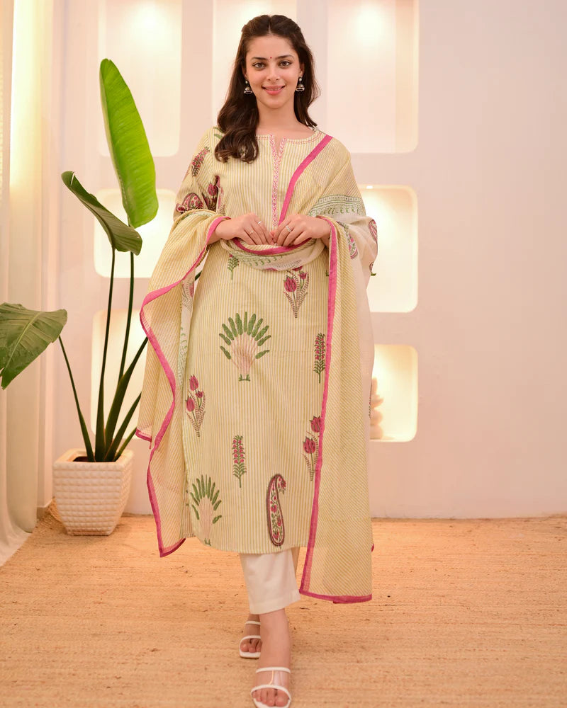 Ivory Green And  Red Lotus Striped Cotton Suit