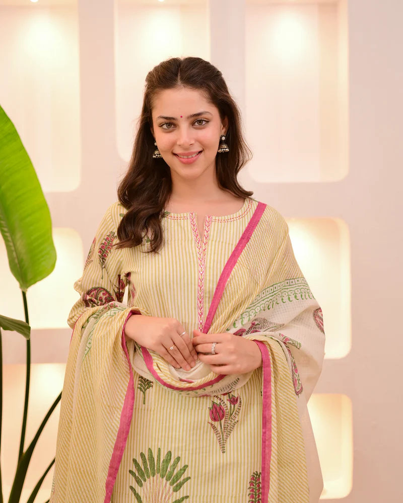 Ivory Green And  Red Lotus Striped Cotton Suit