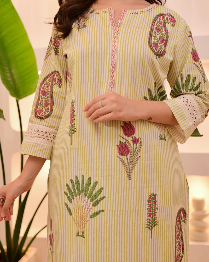 Ivory Green And  Red Lotus Striped Cotton Suit