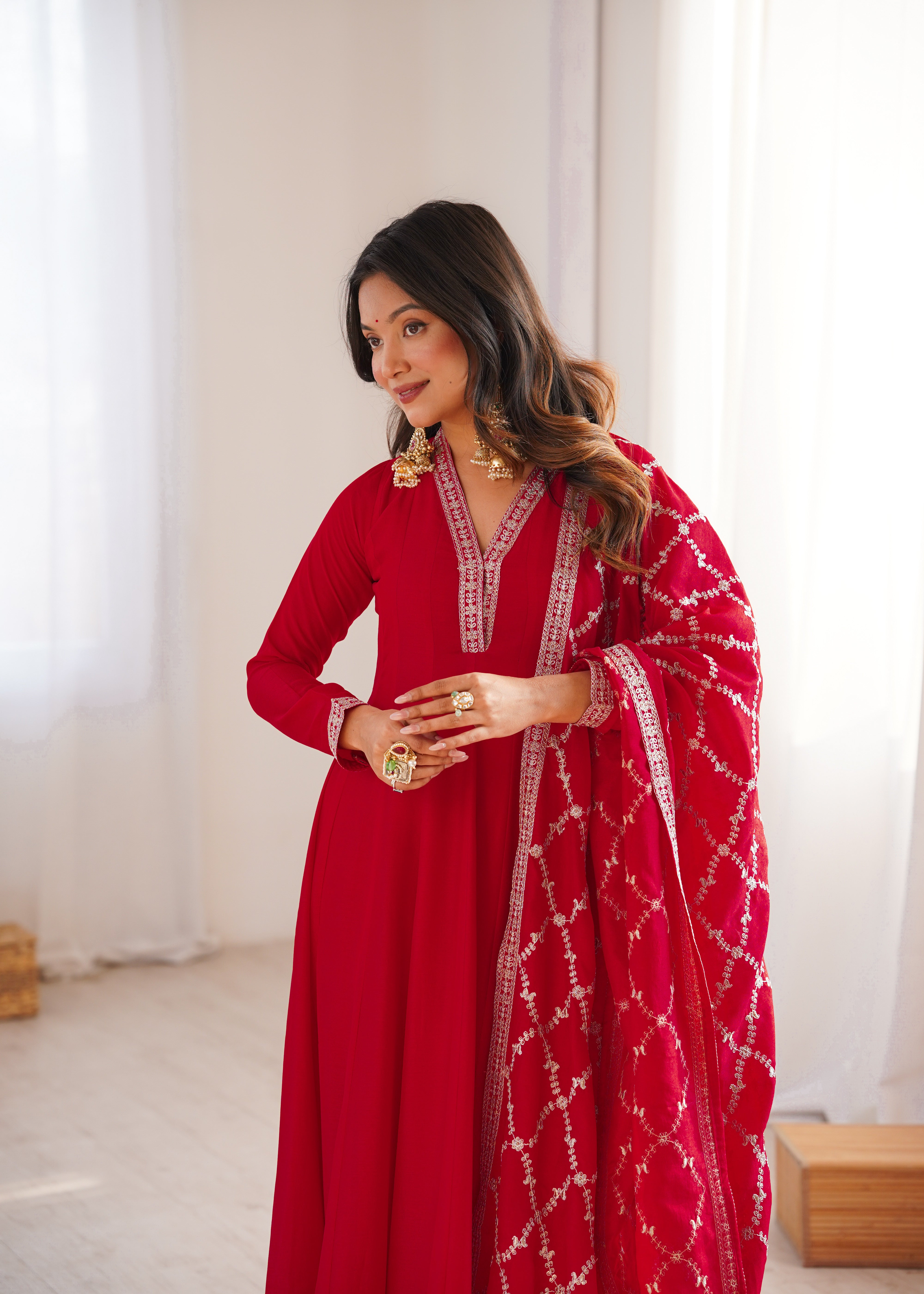 Red Embroidered Anarkali Suit Set with Dupatta – Festive & Party Wear