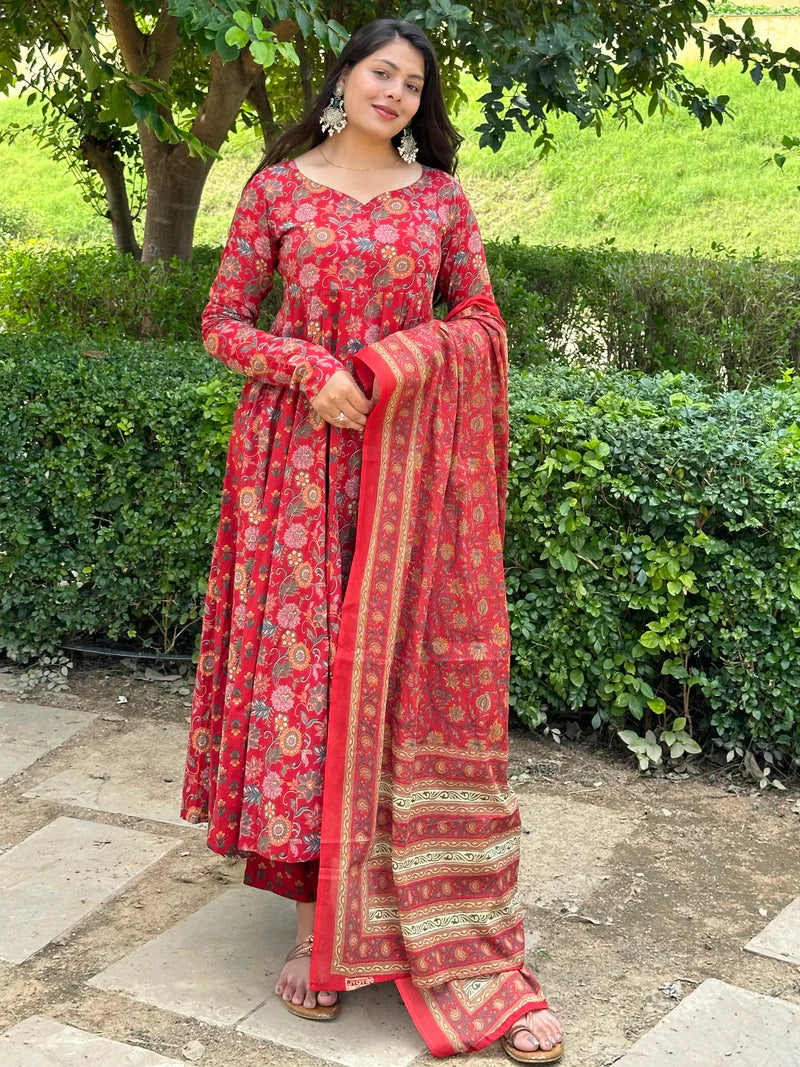 Red Floral Printed Anarkali Kurta Set with Matching Dupatta