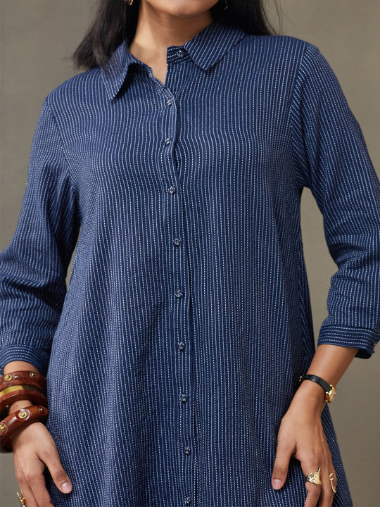 Women’s Navy Blue Striped Kurta with Culottes Set