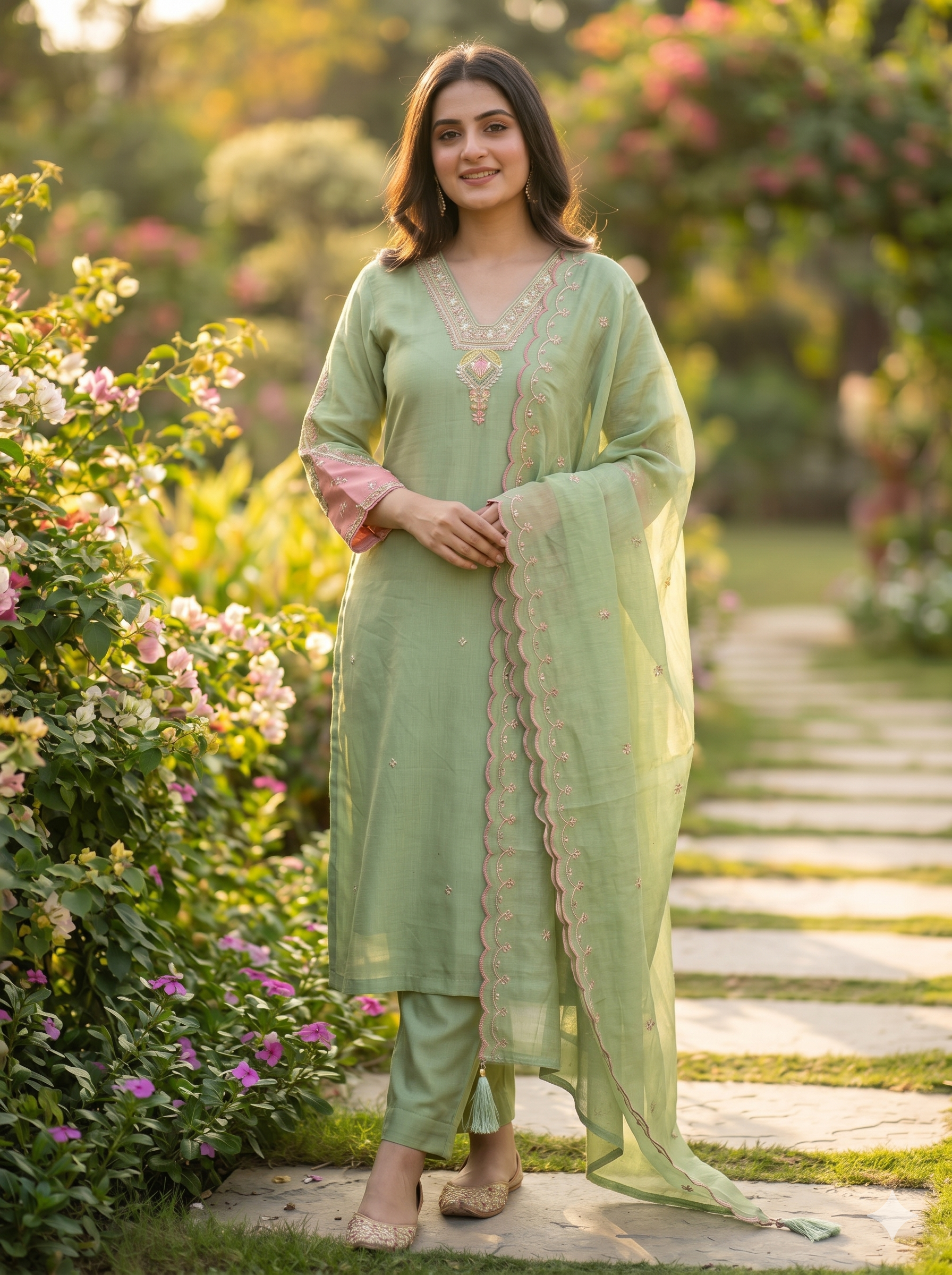 Pastel Green Straight Kurta with Pant & Organza Dupatta