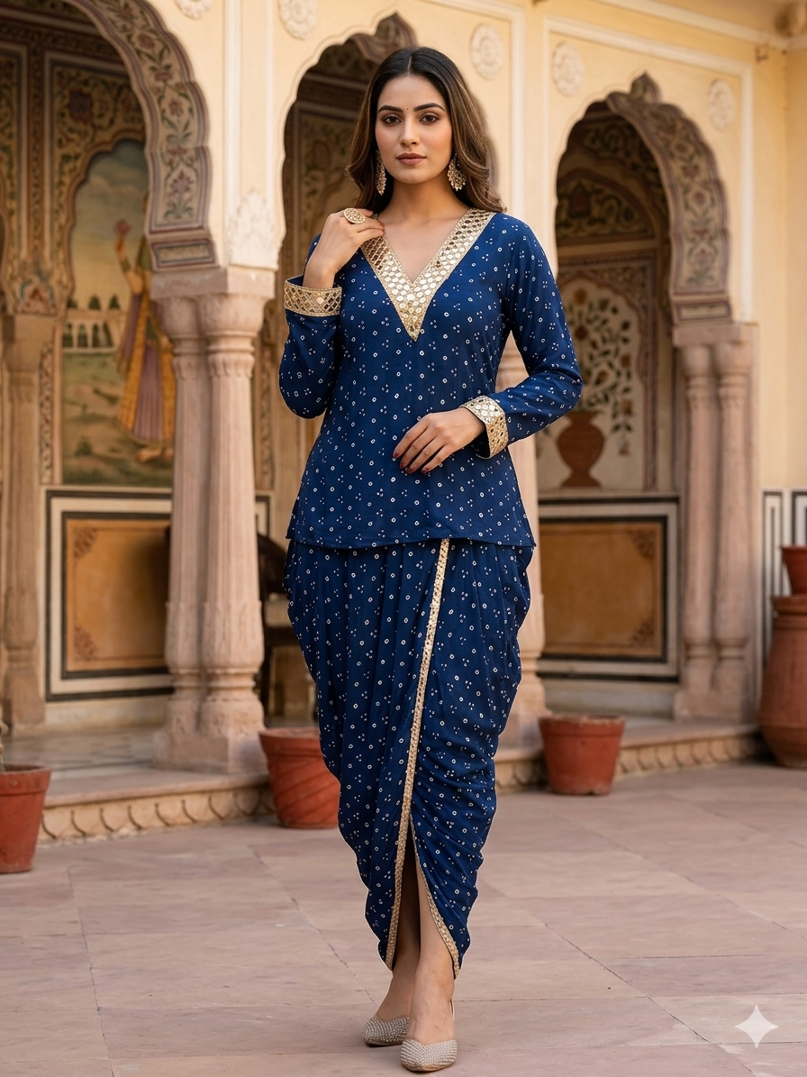 Navy Blue Embellished Dhoti Suit Set for Women