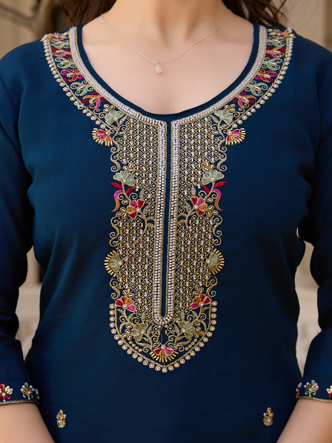 Women's Navy Blue Embroidered Kurta & Pant Set