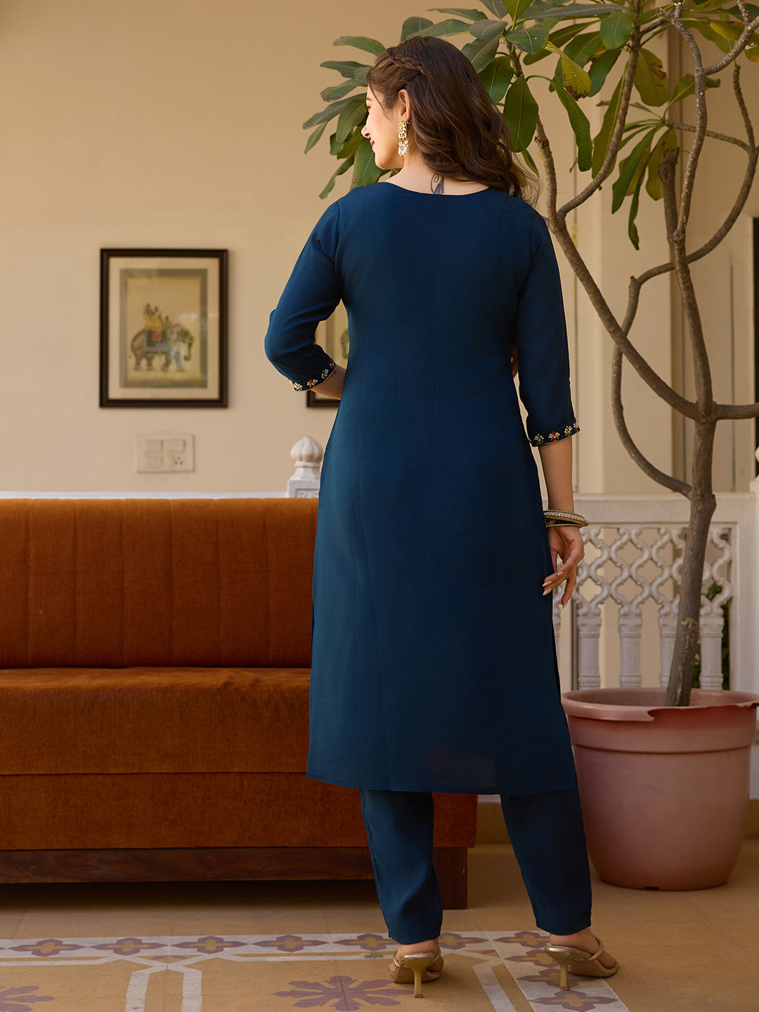 Women's Navy Blue Embroidered Kurta & Pant Set