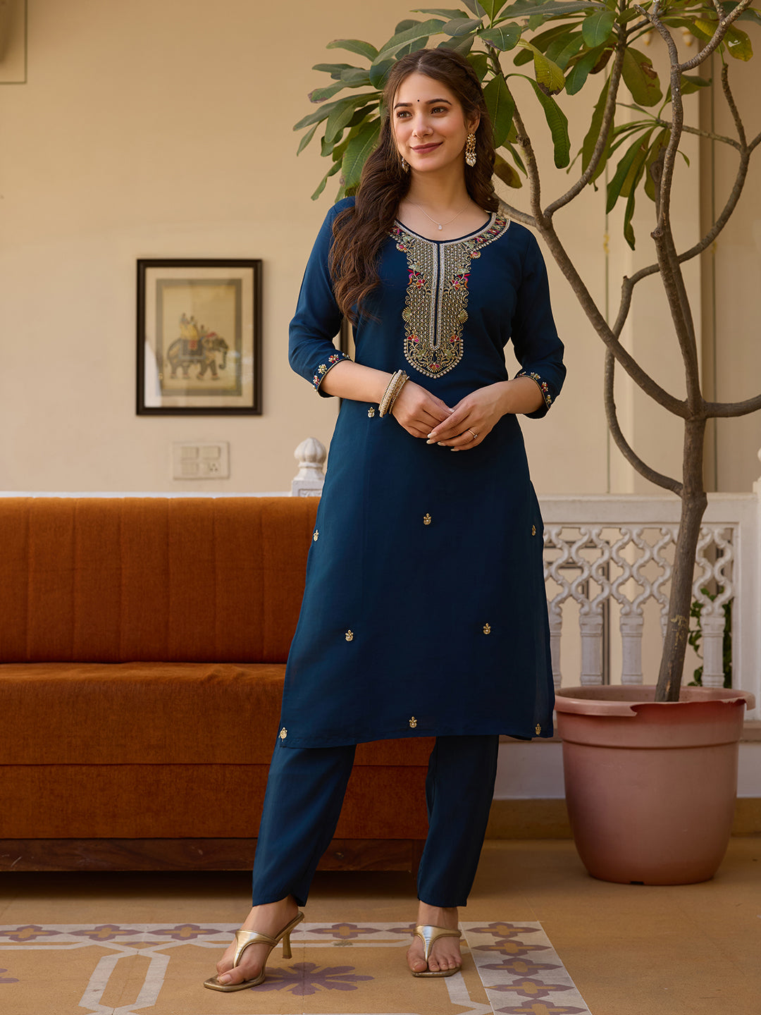 Women's Navy Blue Embroidered Kurta & Pant Set