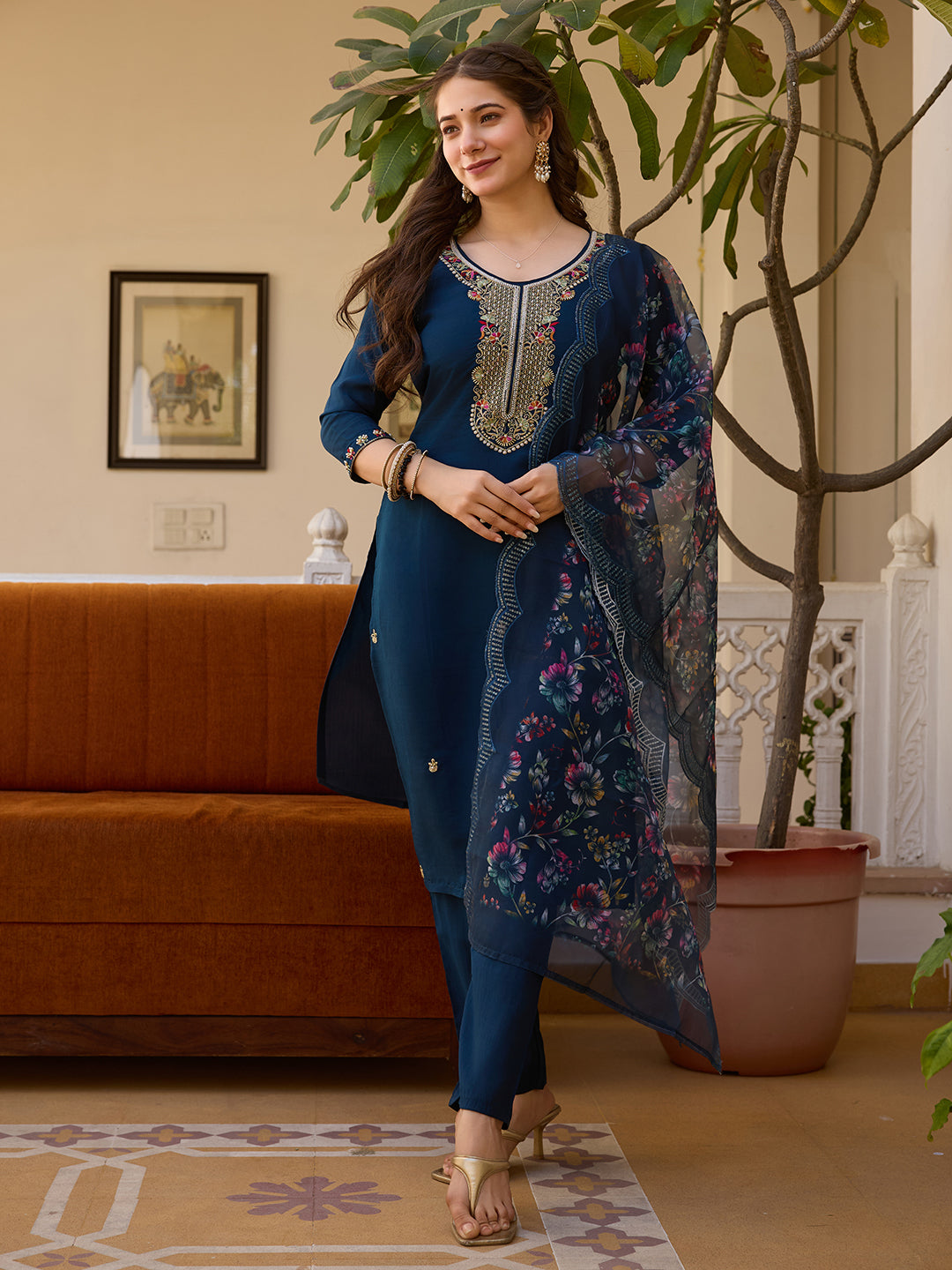 Women's Navy Blue Embroidered Kurta & Pant Set
