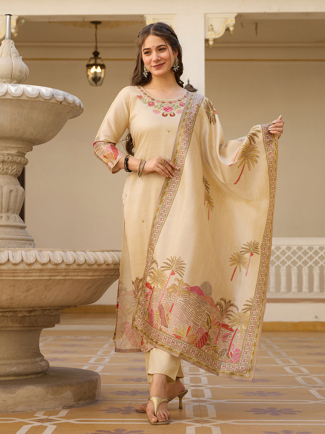 Elegant Beige Embroidered Kurta Pant Set with Printed Dupatta for Women