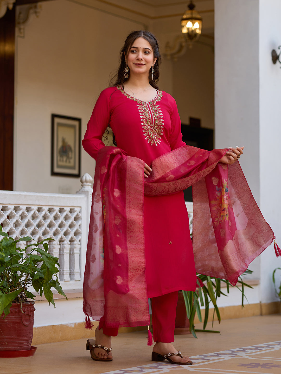 Women's Rani Pink Embroidered Straight Kurta Set with Floral Organza Dupatta