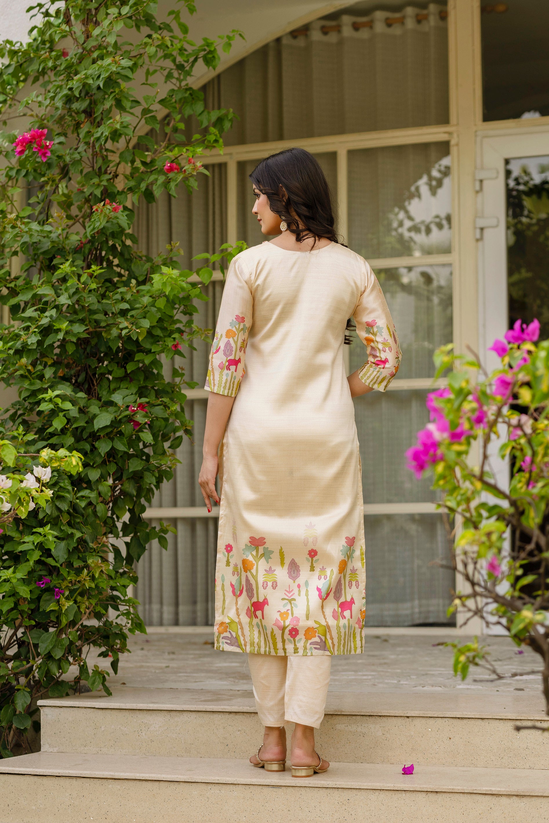 Women's Cream Embroidered Palm Tree Kurta Pant & Printed Dupatta Set