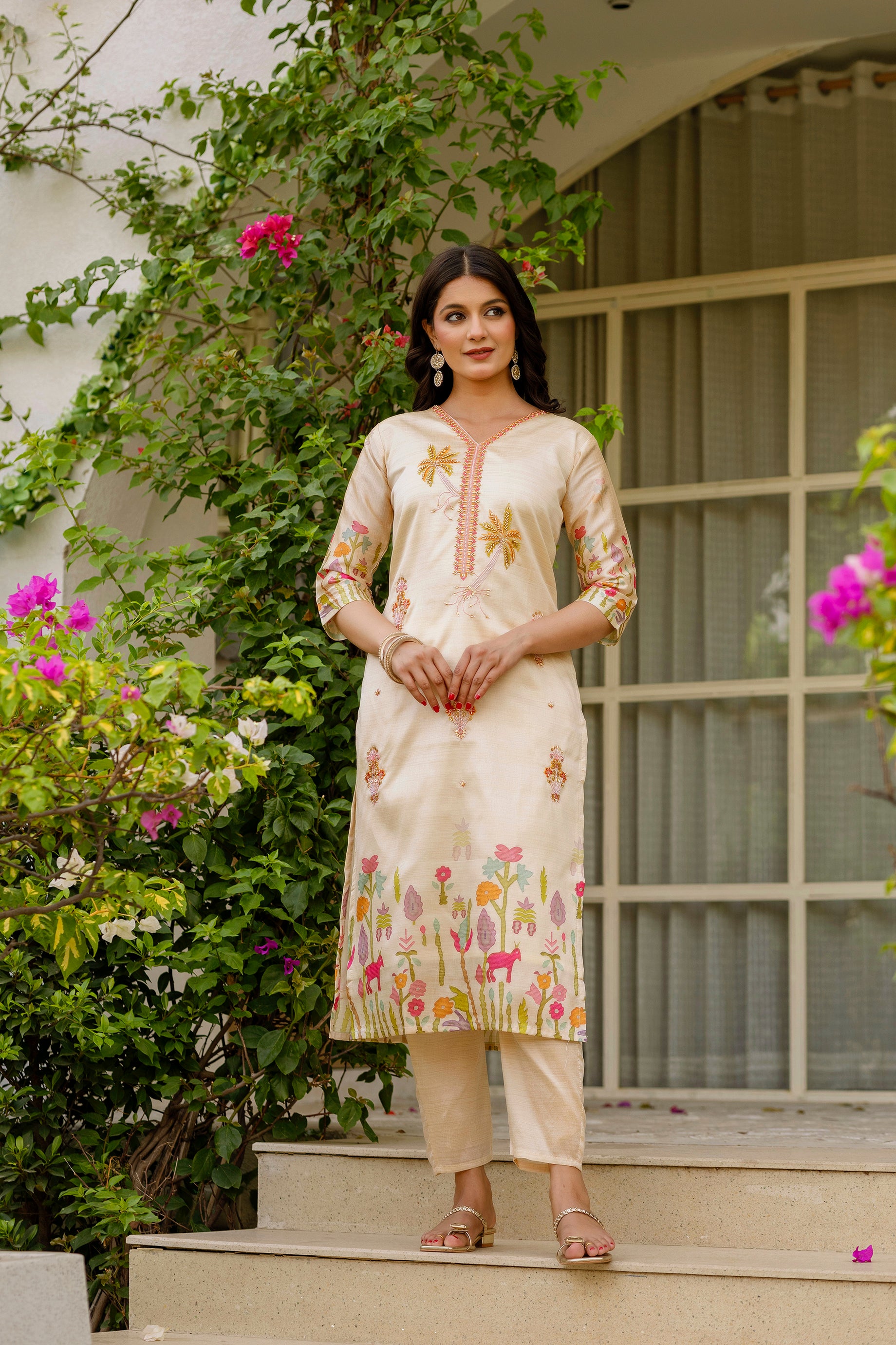 Women's Cream Embroidered Palm Tree Kurta Pant & Printed Dupatta Set