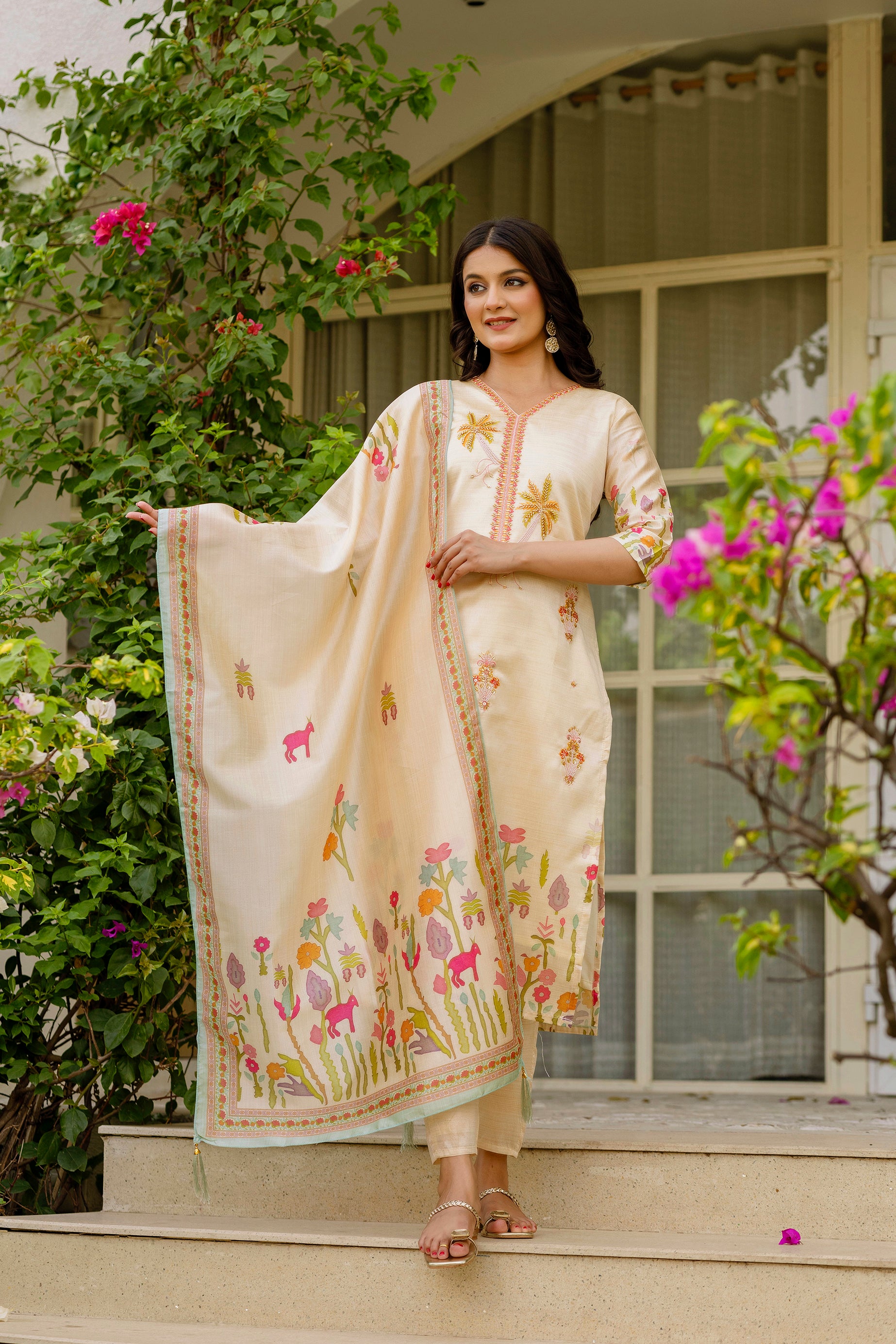 Women's Cream Embroidered Palm Tree Kurta Pant & Printed Dupatta Set