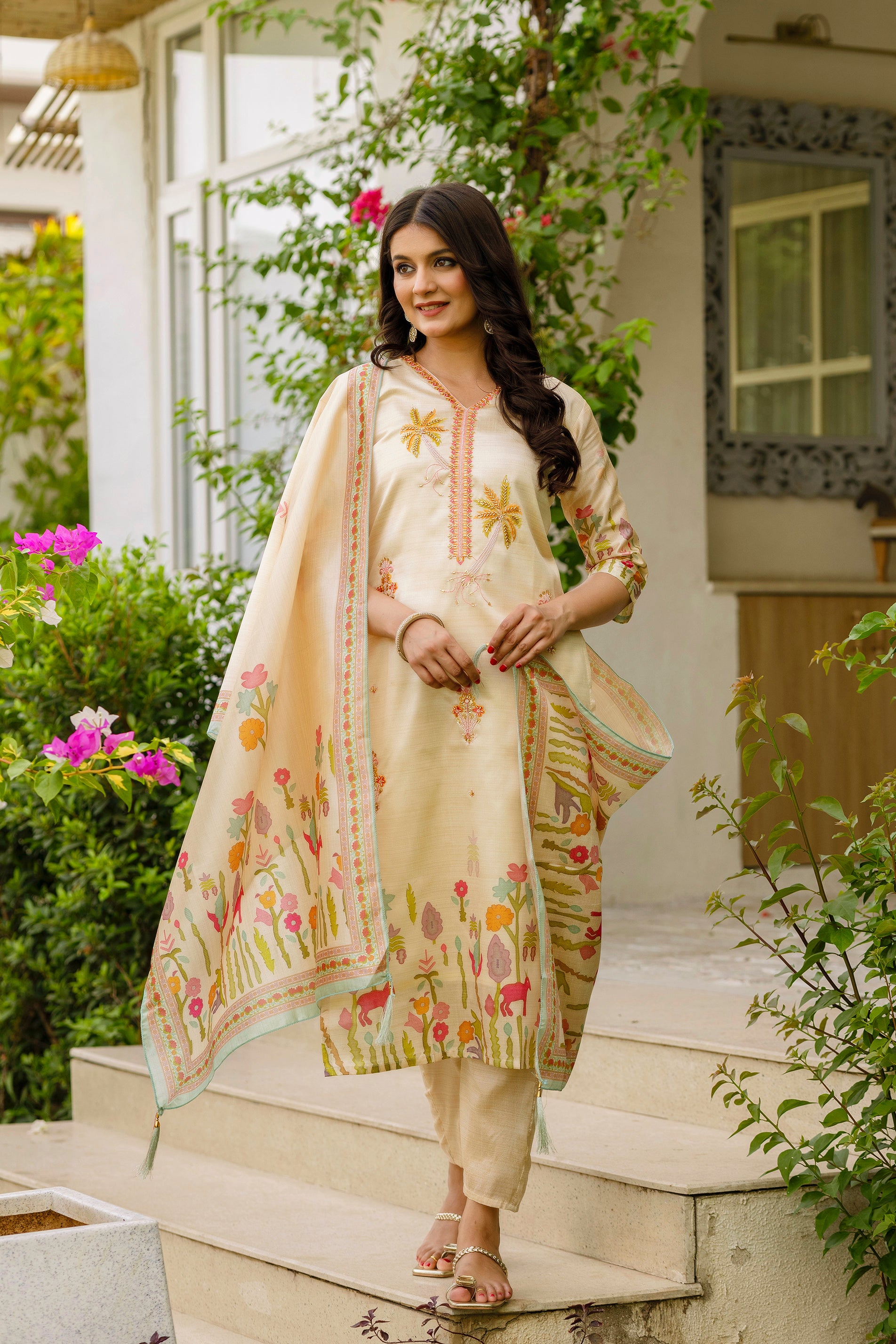 Women's Cream Embroidered Palm Tree Kurta Pant & Printed Dupatta Set