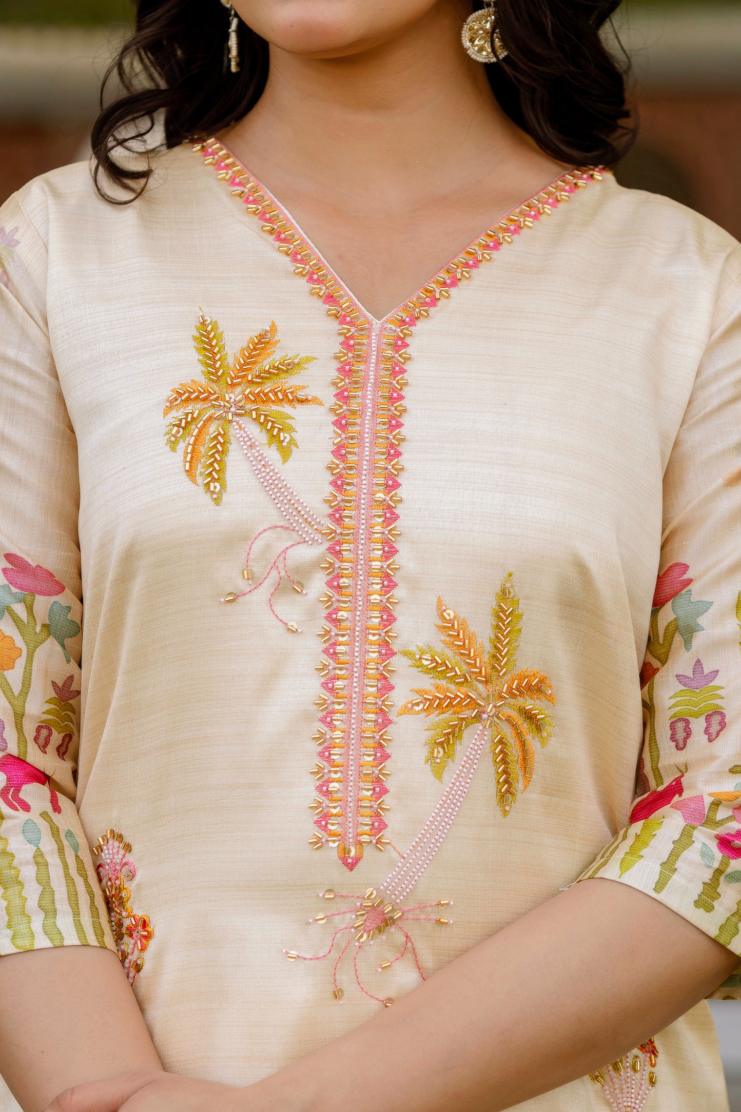 Women's Cream Embroidered Palm Tree Kurta Pant & Printed Dupatta Set