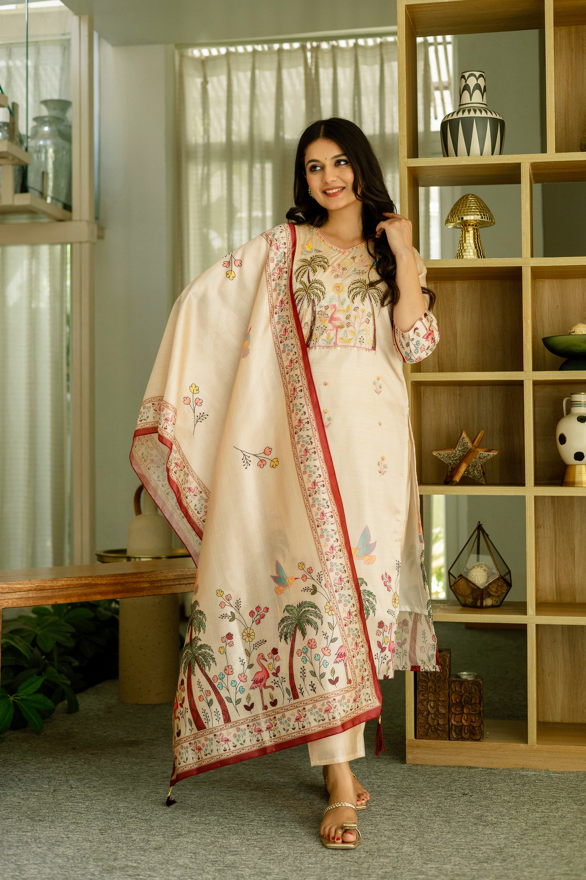 Elegant Cream Printed Kurta Pant Set with Designer Dupatta for Women