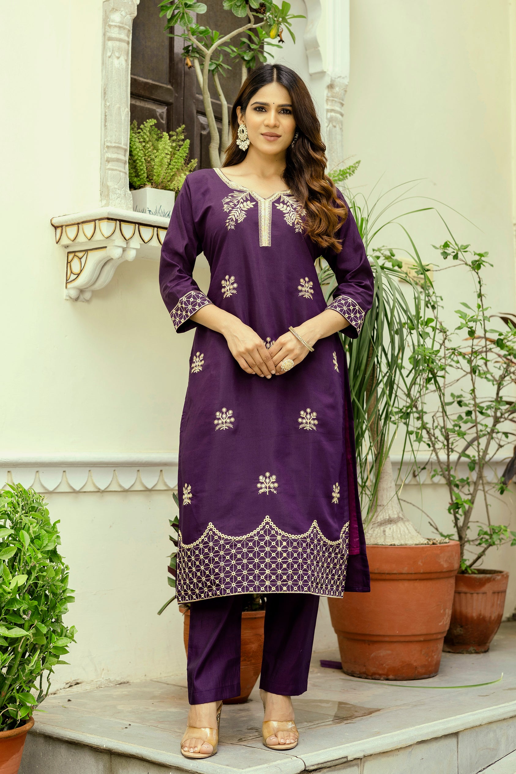Wine Purple Embroidered Kurta Pant Set with Floral Organza Dupatta