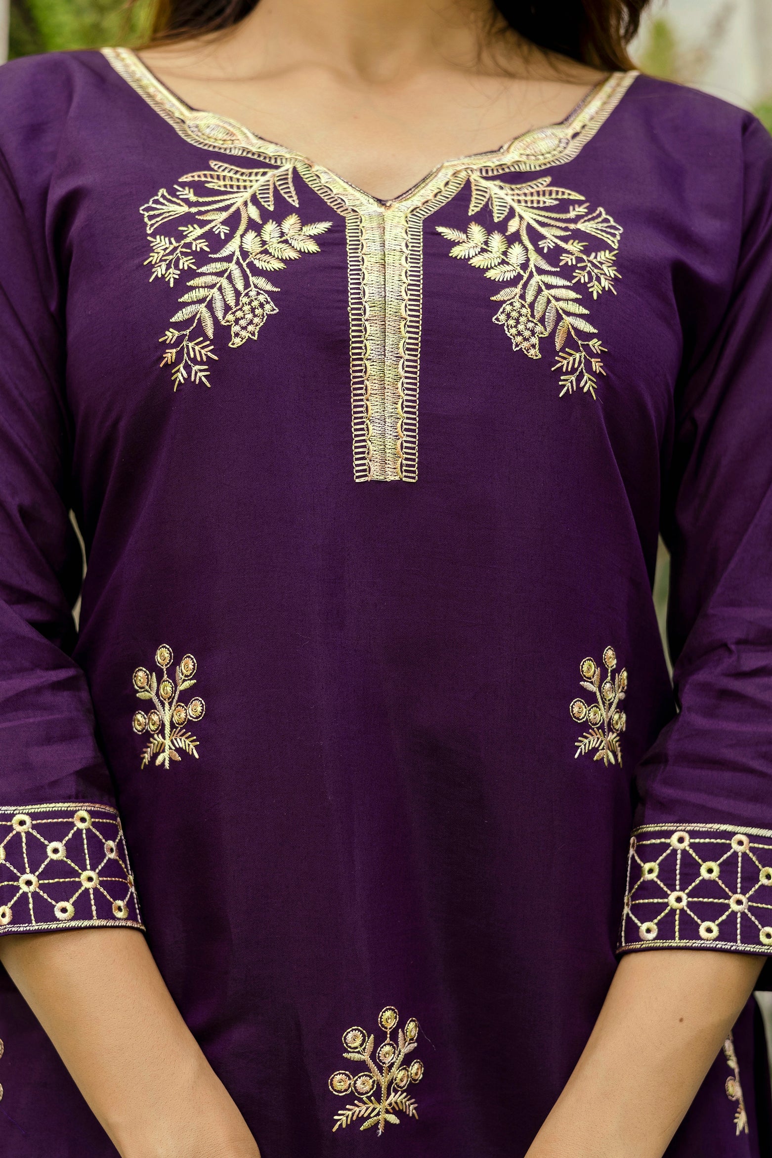 Wine Purple Embroidered Kurta Pant Set with Floral Organza Dupatta