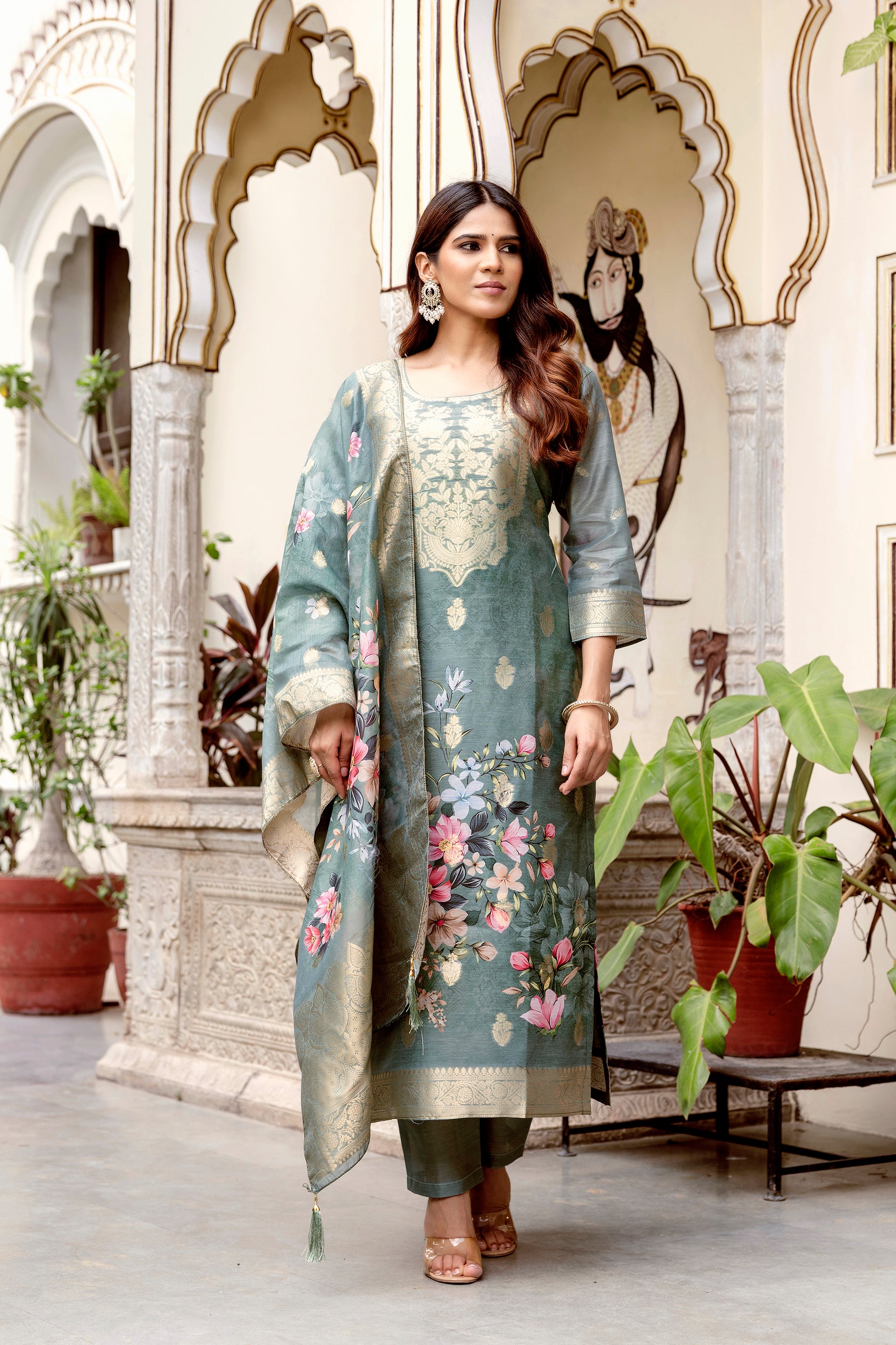Sage Green Floral Printed Silk Blend Kurta Pant Set with Woven Dupatta