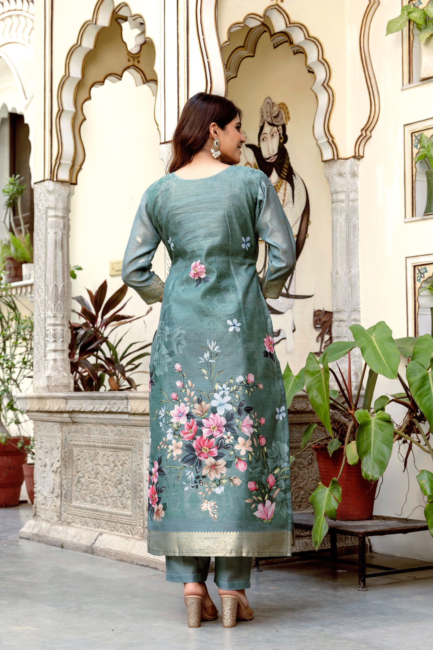 Sage Green Floral Printed Silk Blend Kurta Pant Set with Woven Dupatta