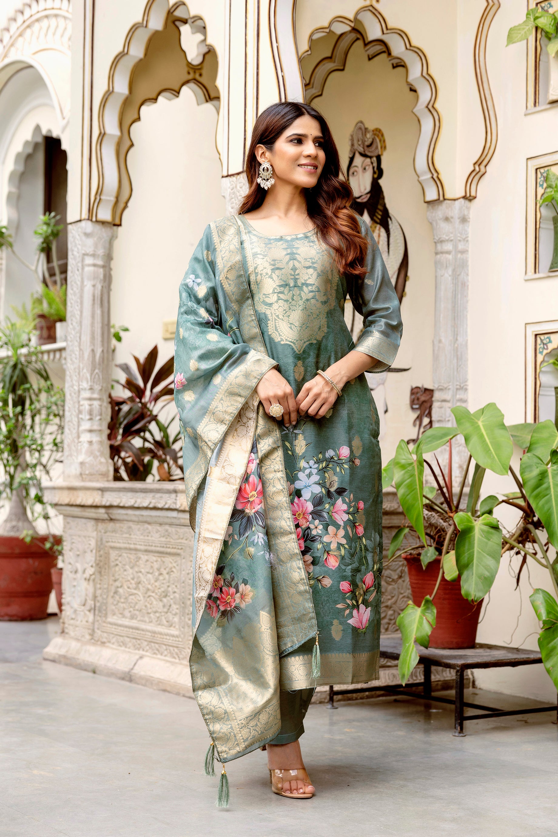 Sage Green Floral Printed Silk Blend Kurta Pant Set with Woven Dupatta