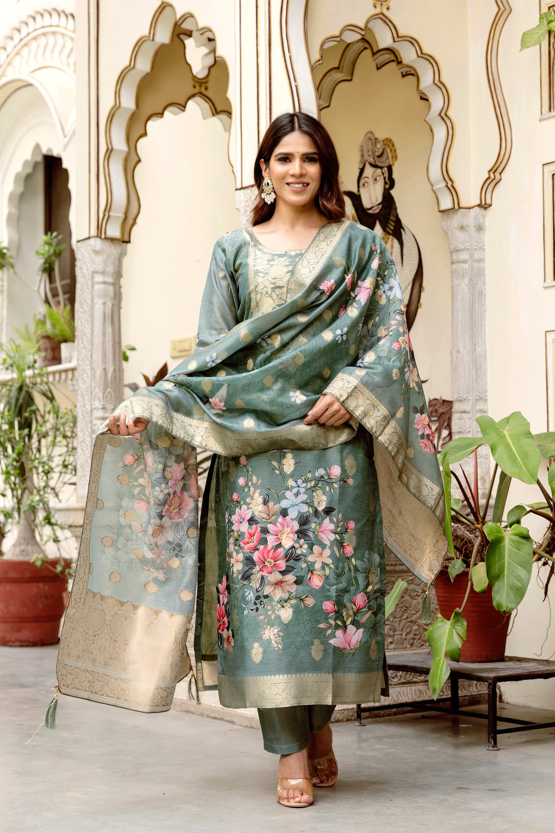 Sage Green Floral Printed Silk Blend Kurta Pant Set with Woven Dupatta