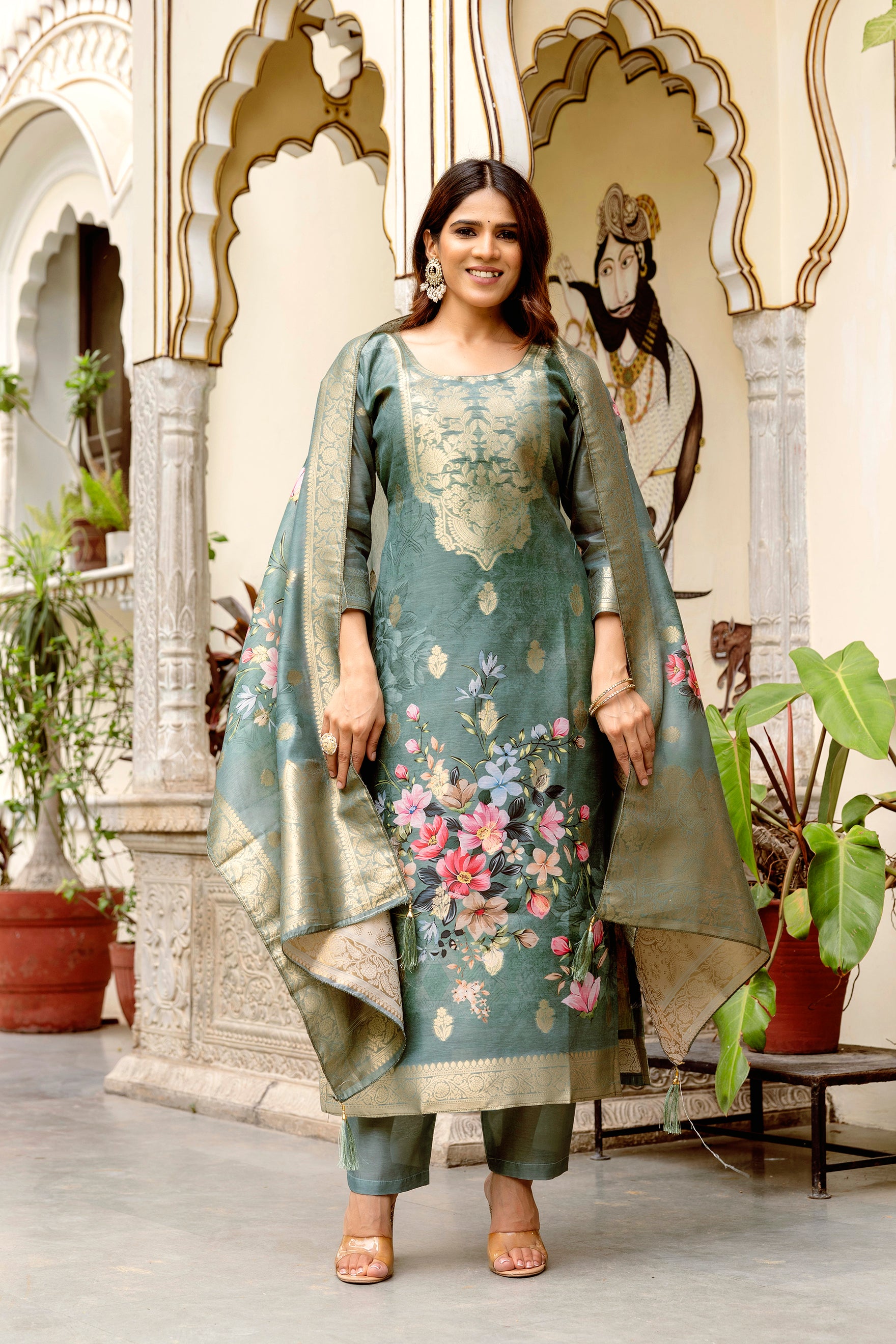 Sage Green Floral Printed Silk Blend Kurta Pant Set with Woven Dupatta