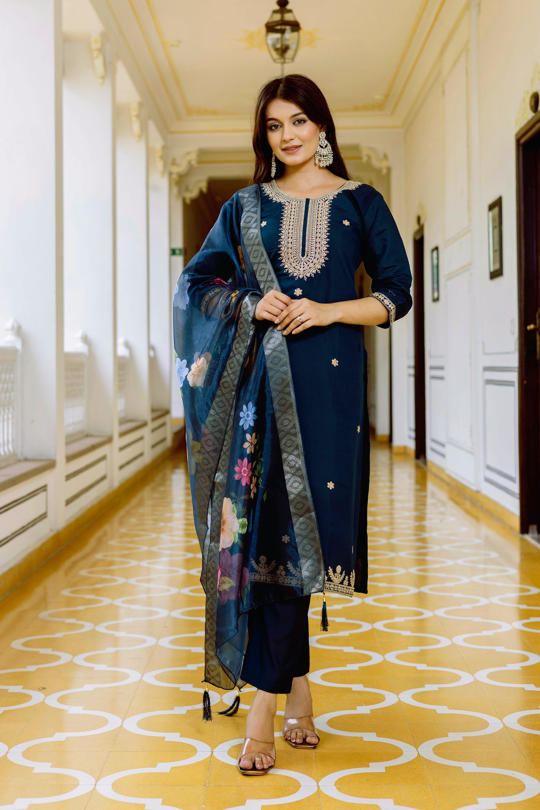 Navy Blue Embroidered Kurta Set with Floral Organza Dupatta