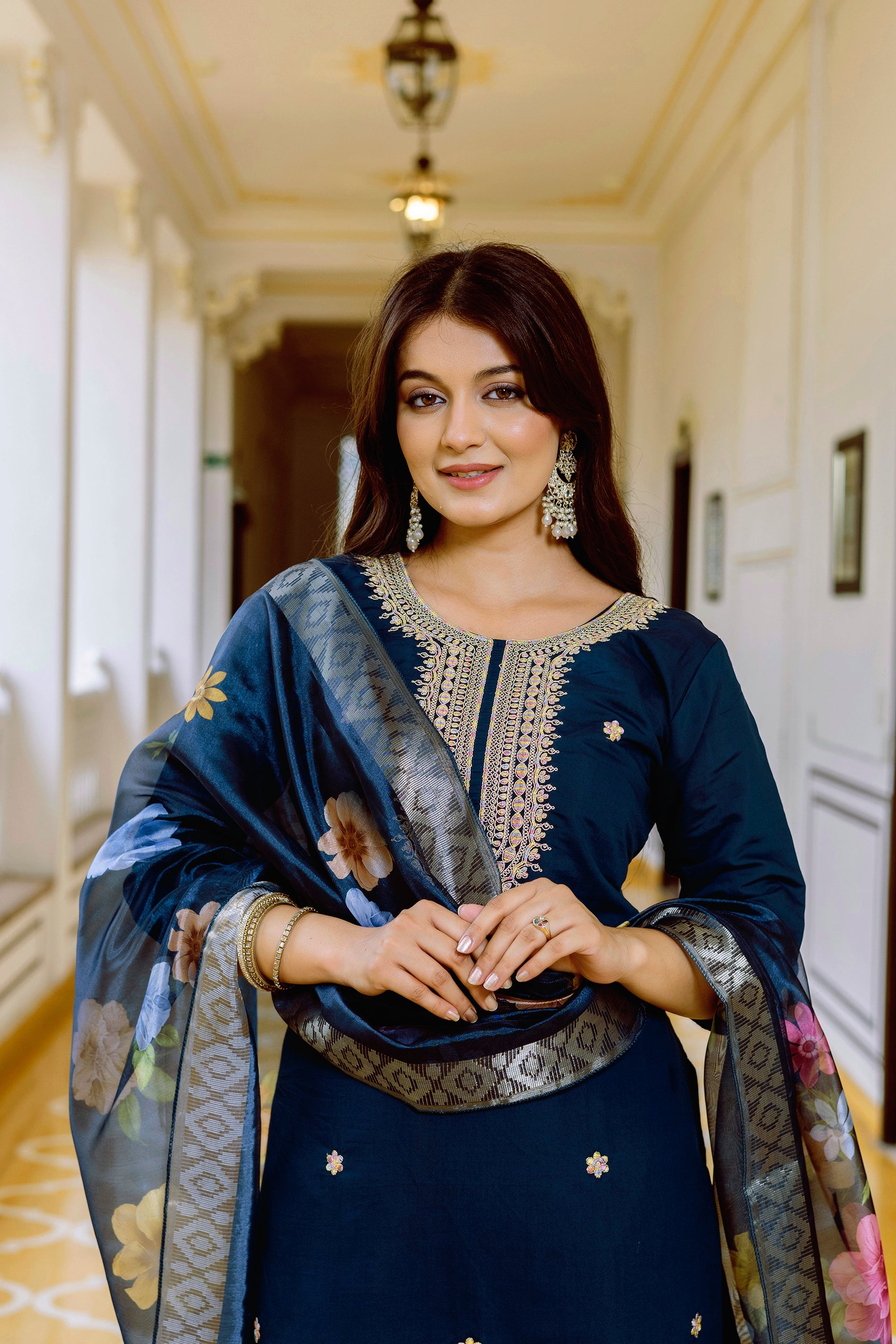 Navy Blue Embroidered Kurta Set with Floral Organza Dupatta