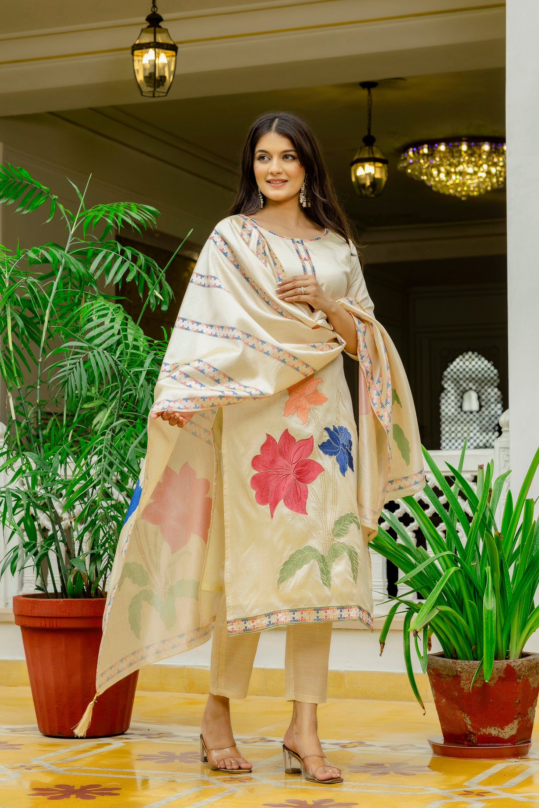 Beige Floral Printed Kurta Pant Set with Coordinated Dupatta