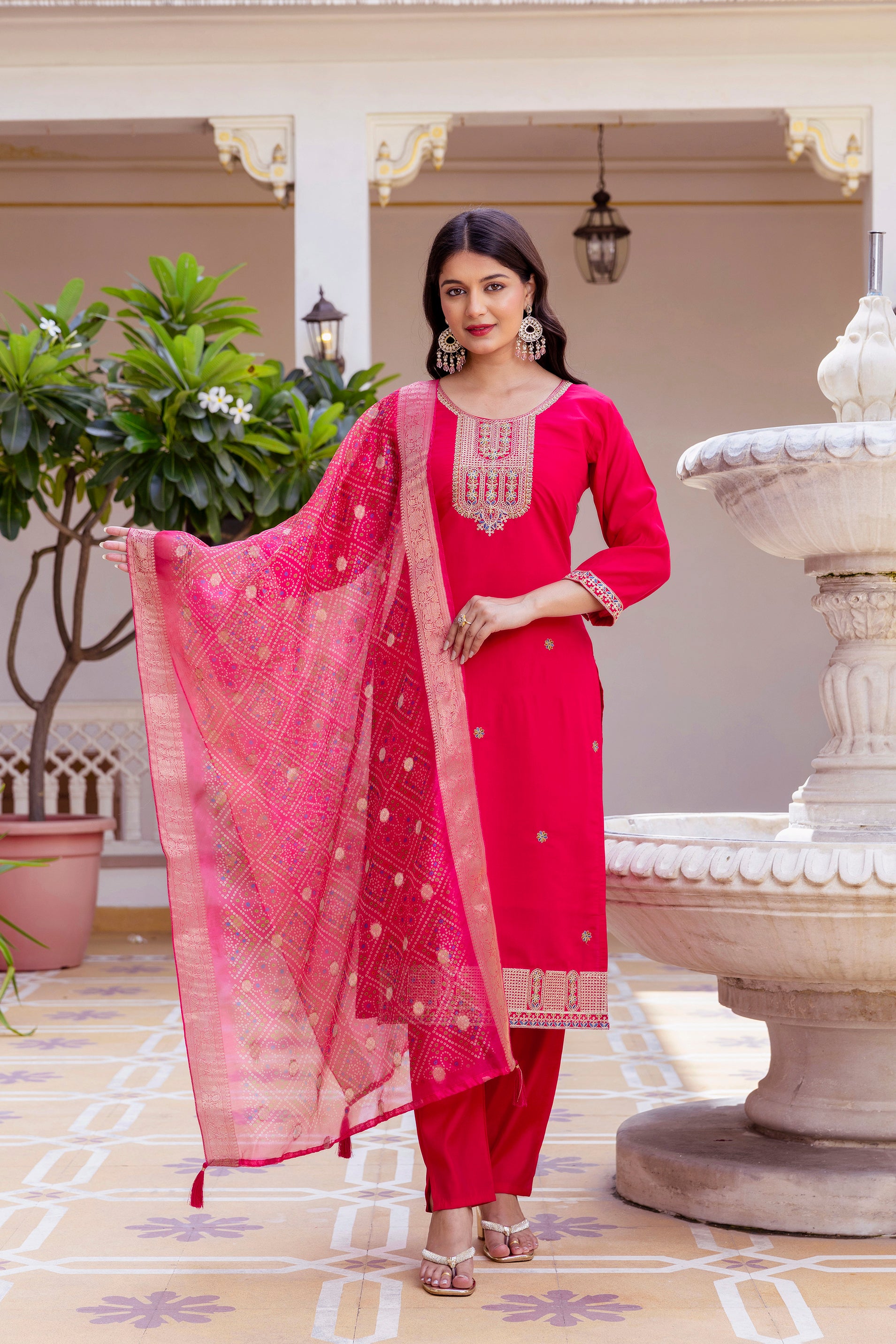 Rani Pink Embroidered Kurta Pant Set with Jacquard Dupatta