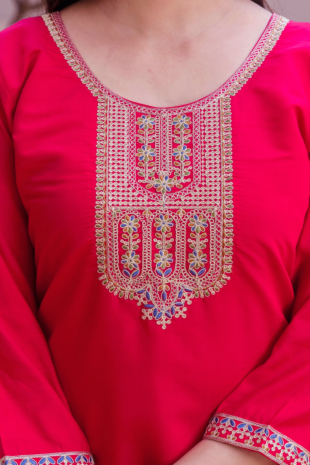Rani Pink Embroidered Kurta Pant Set with Jacquard Dupatta