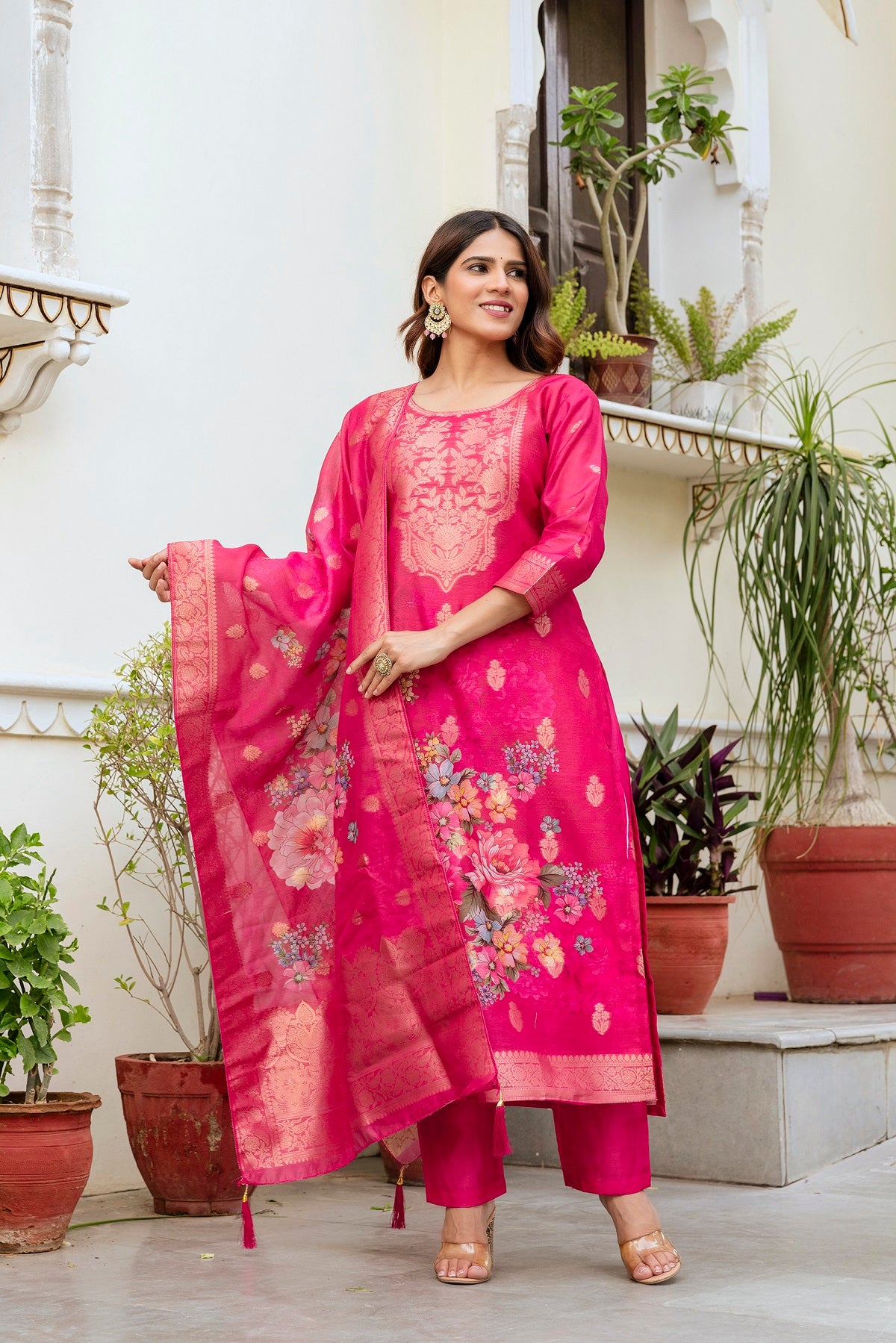 Luxury Woven Floral Ethnic Suit Set with Dupatta