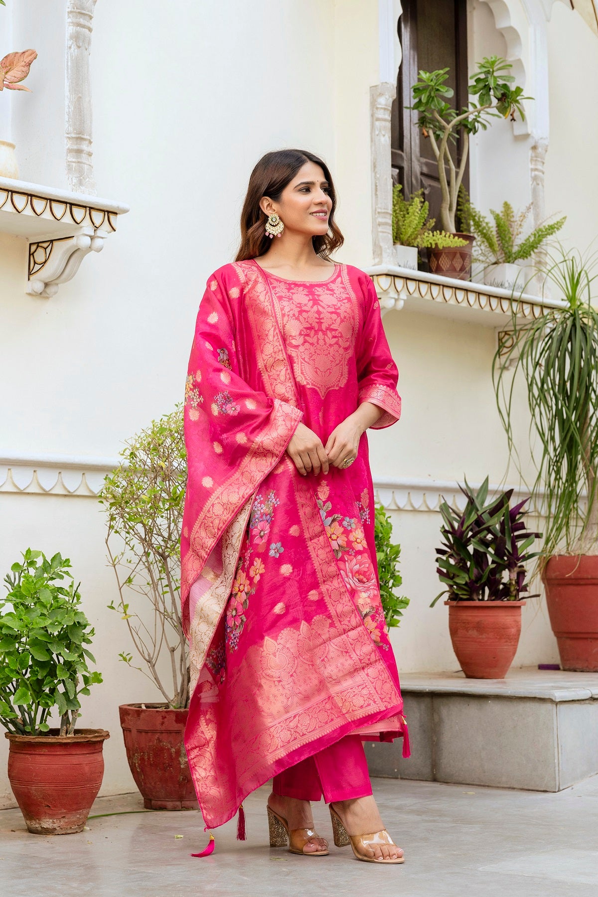 Luxury Woven Floral Ethnic Suit Set with Dupatta