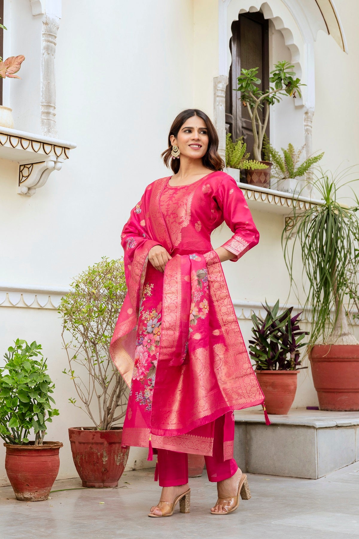 Luxury Woven Floral Ethnic Suit Set with Dupatta