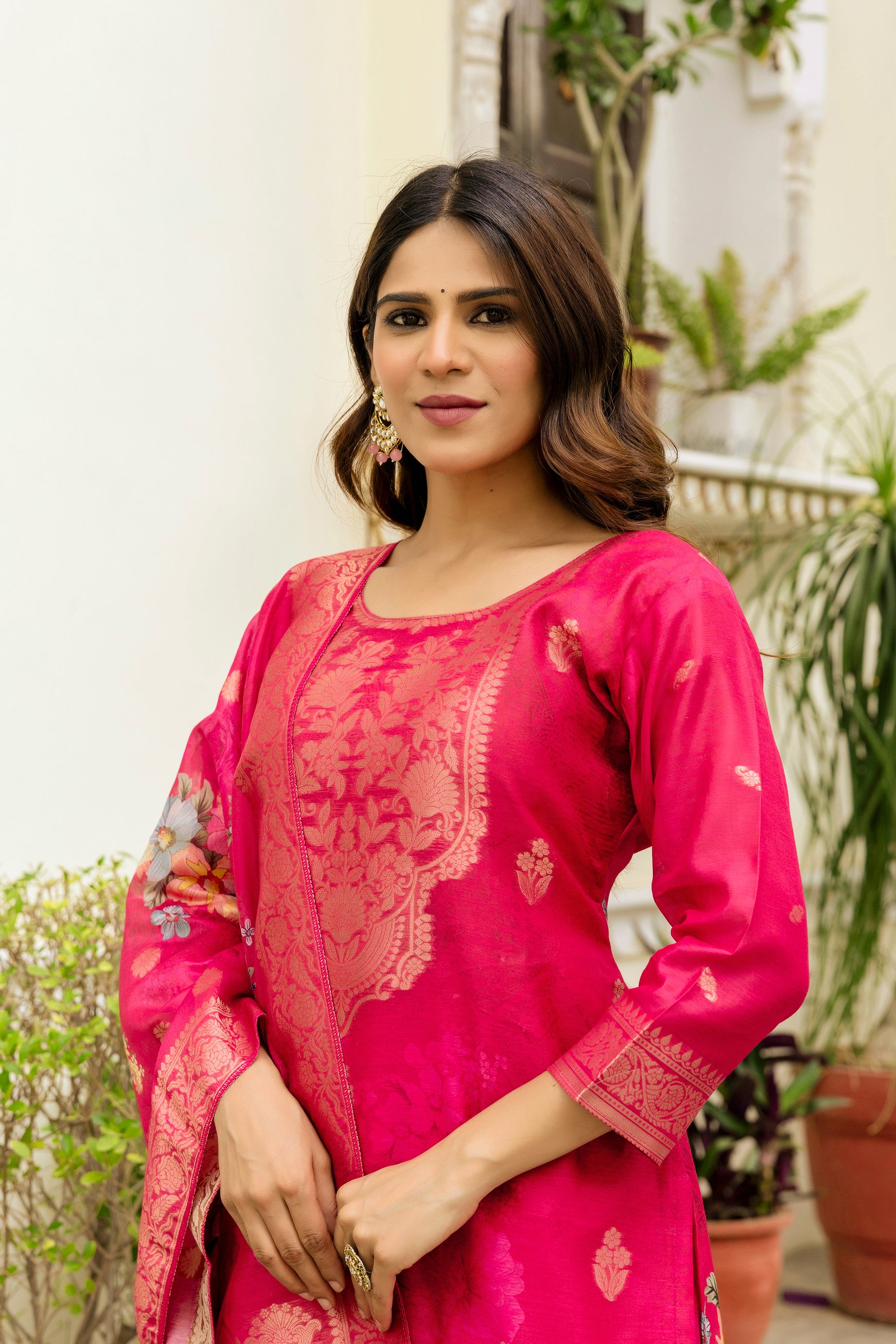 Luxury Woven Floral Ethnic Suit Set with Dupatta