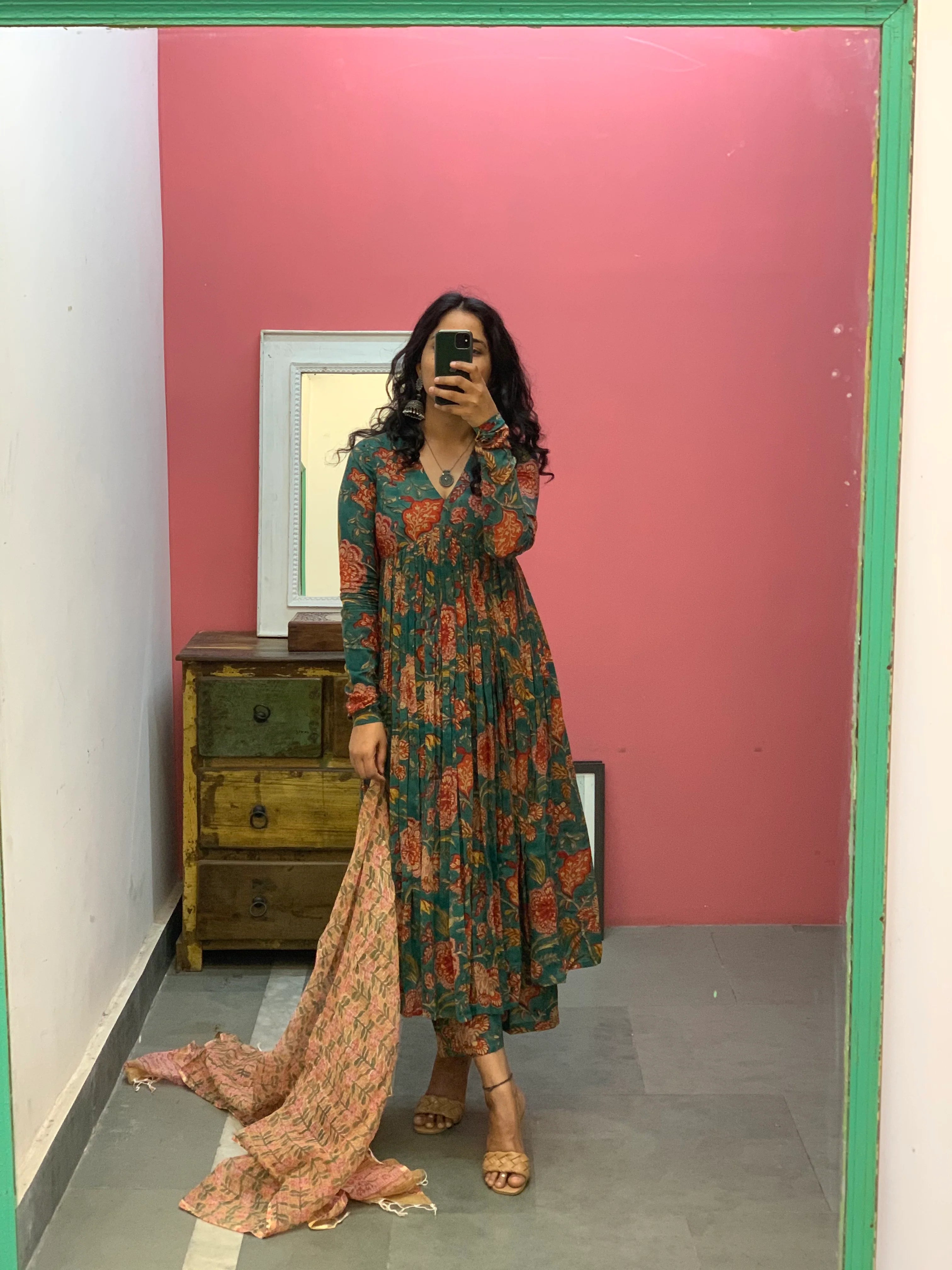 Teal Green Floral Printed Anarkali Kurta Set with Contrast Dupatta – Elegant Ethnic Wear