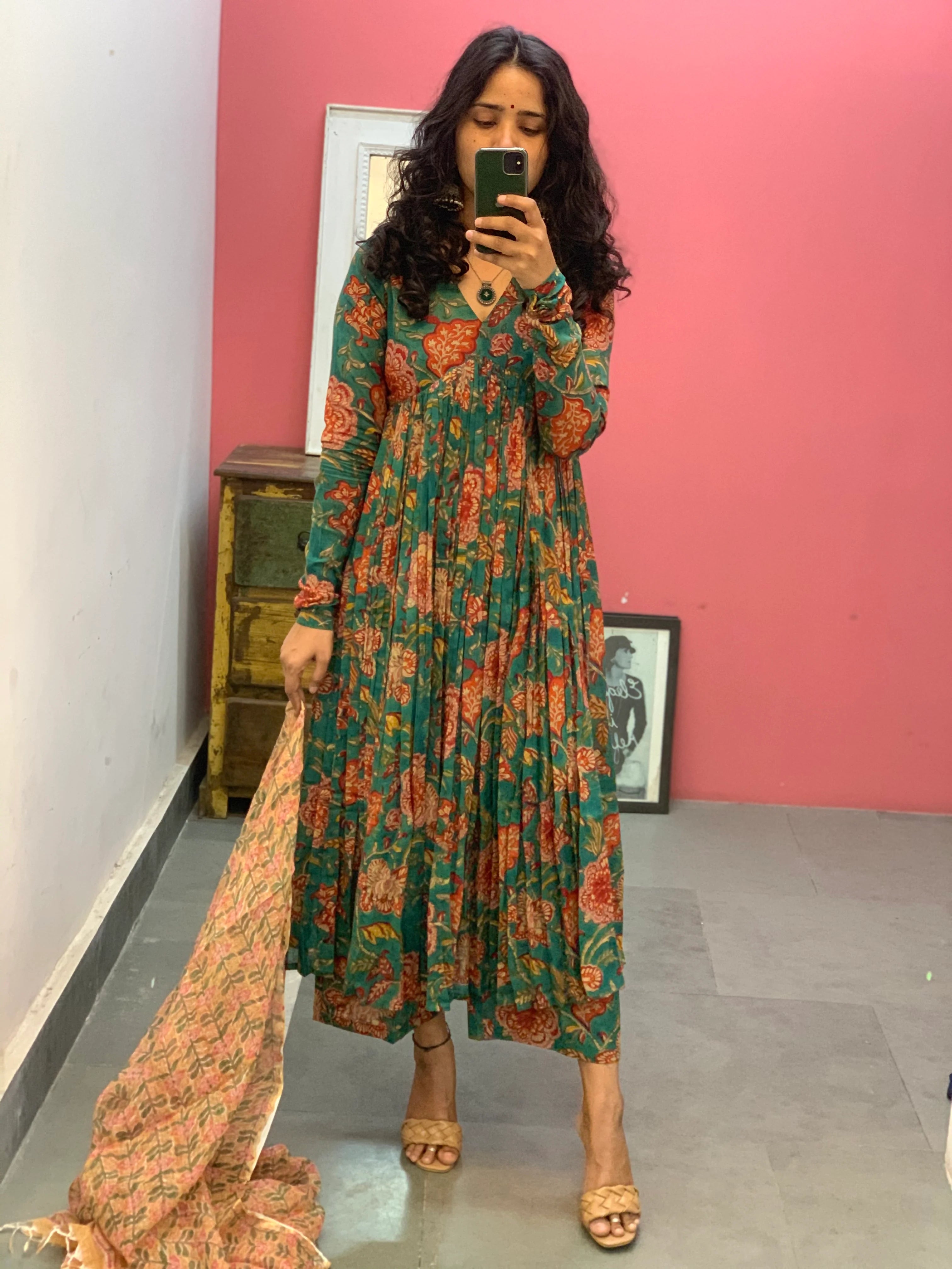 Teal Green Floral Printed Anarkali Kurta Set with Contrast Dupatta – Elegant Ethnic Wear