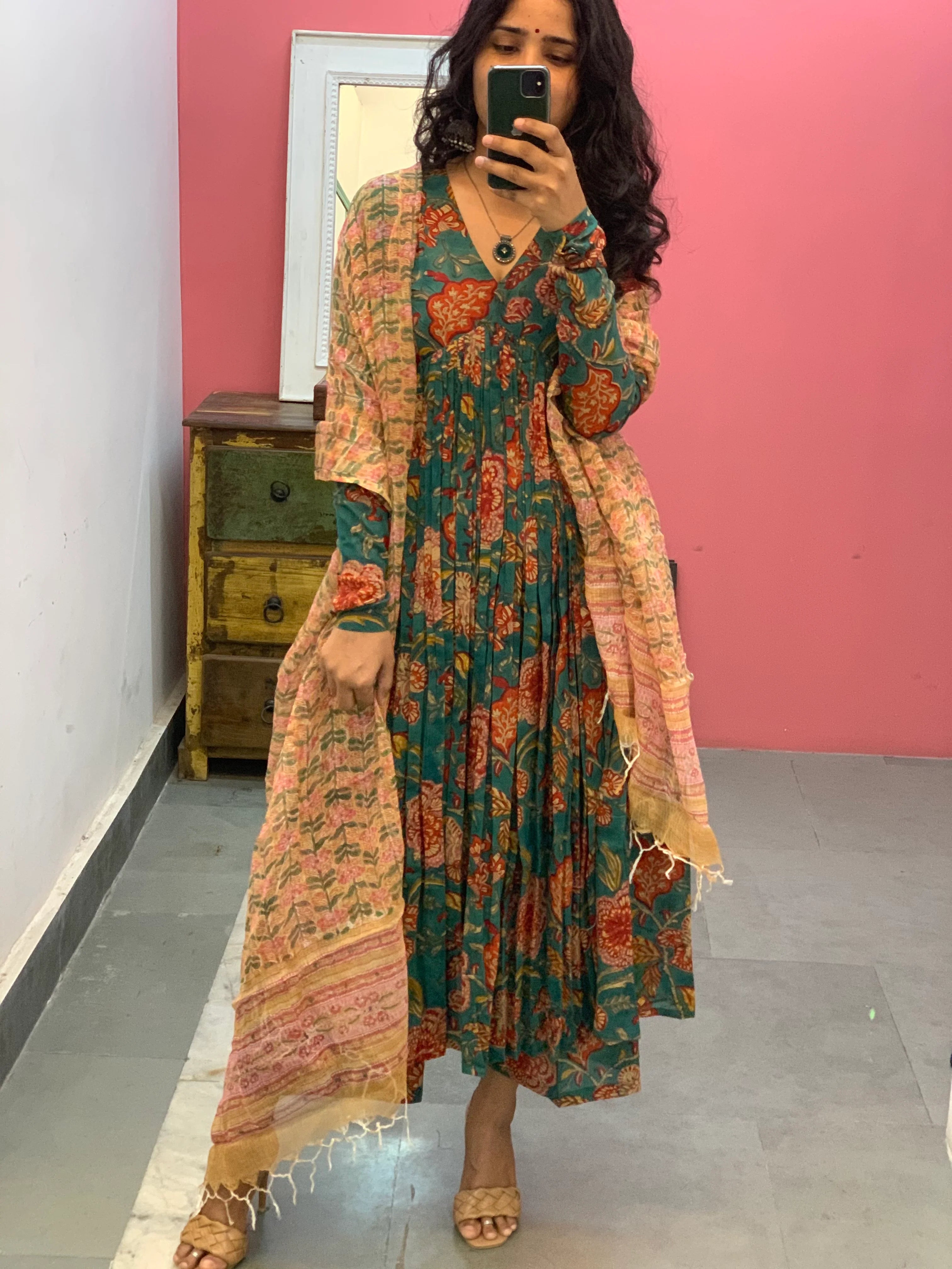 Teal Green Floral Printed Anarkali Kurta Set with Contrast Dupatta – Elegant Ethnic Wear