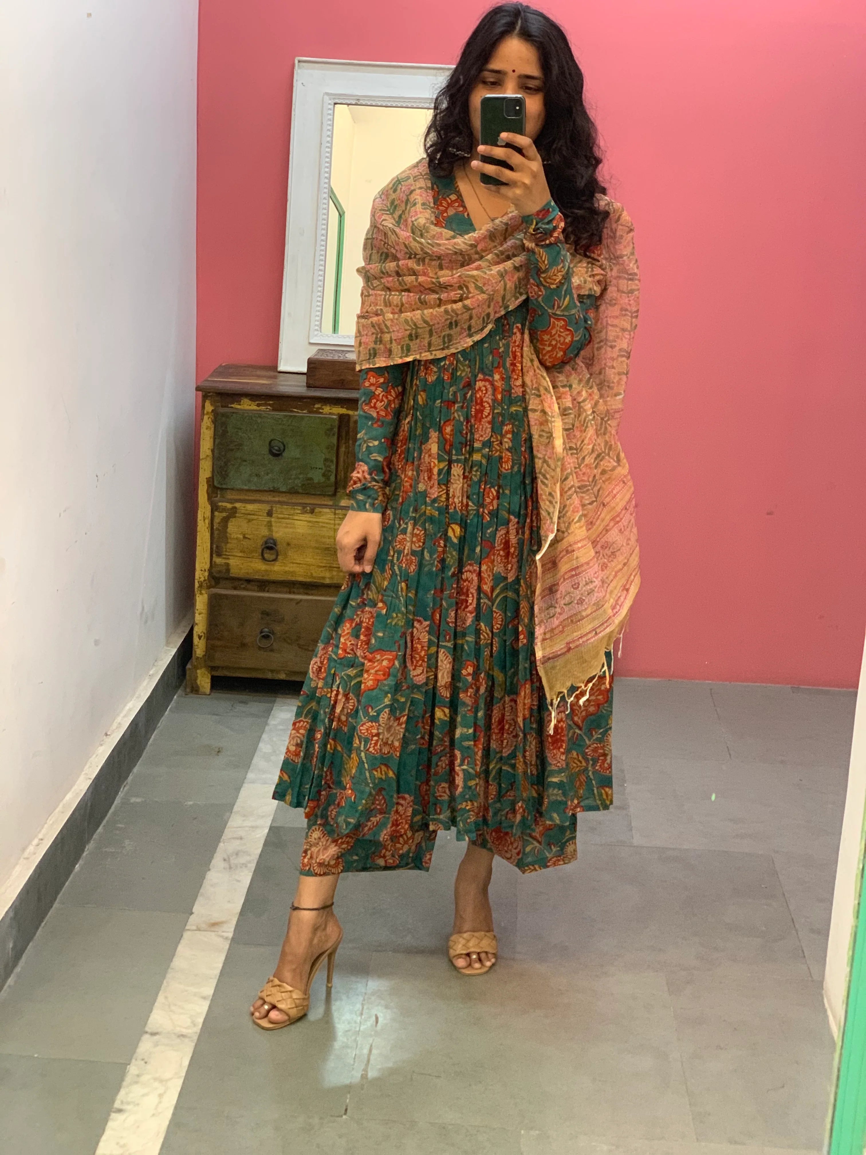 Teal Green Floral Printed Anarkali Kurta Set with Contrast Dupatta – Elegant Ethnic Wear