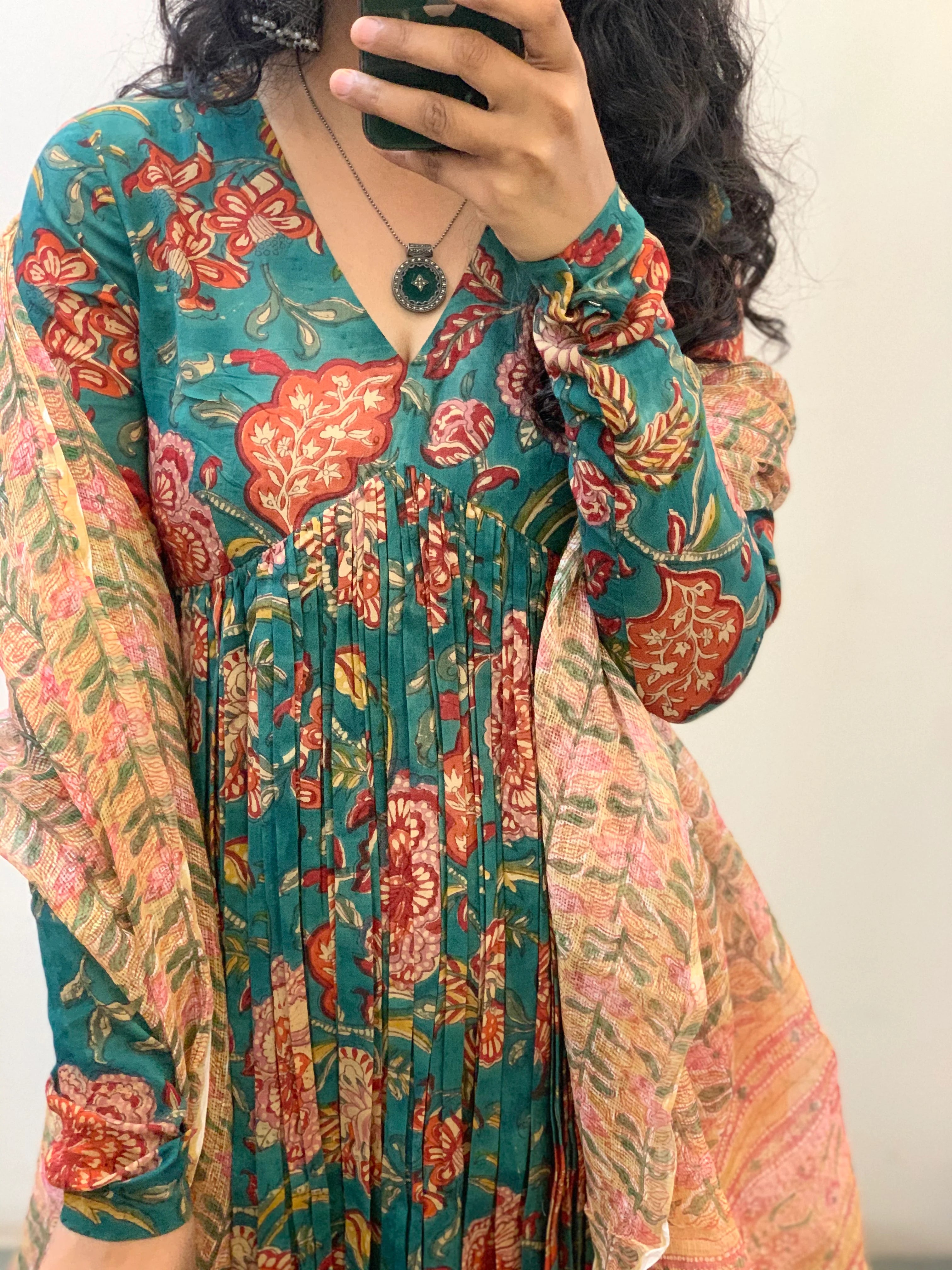 Teal Green Floral Printed Anarkali Kurta Set with Contrast Dupatta – Elegant Ethnic Wear
