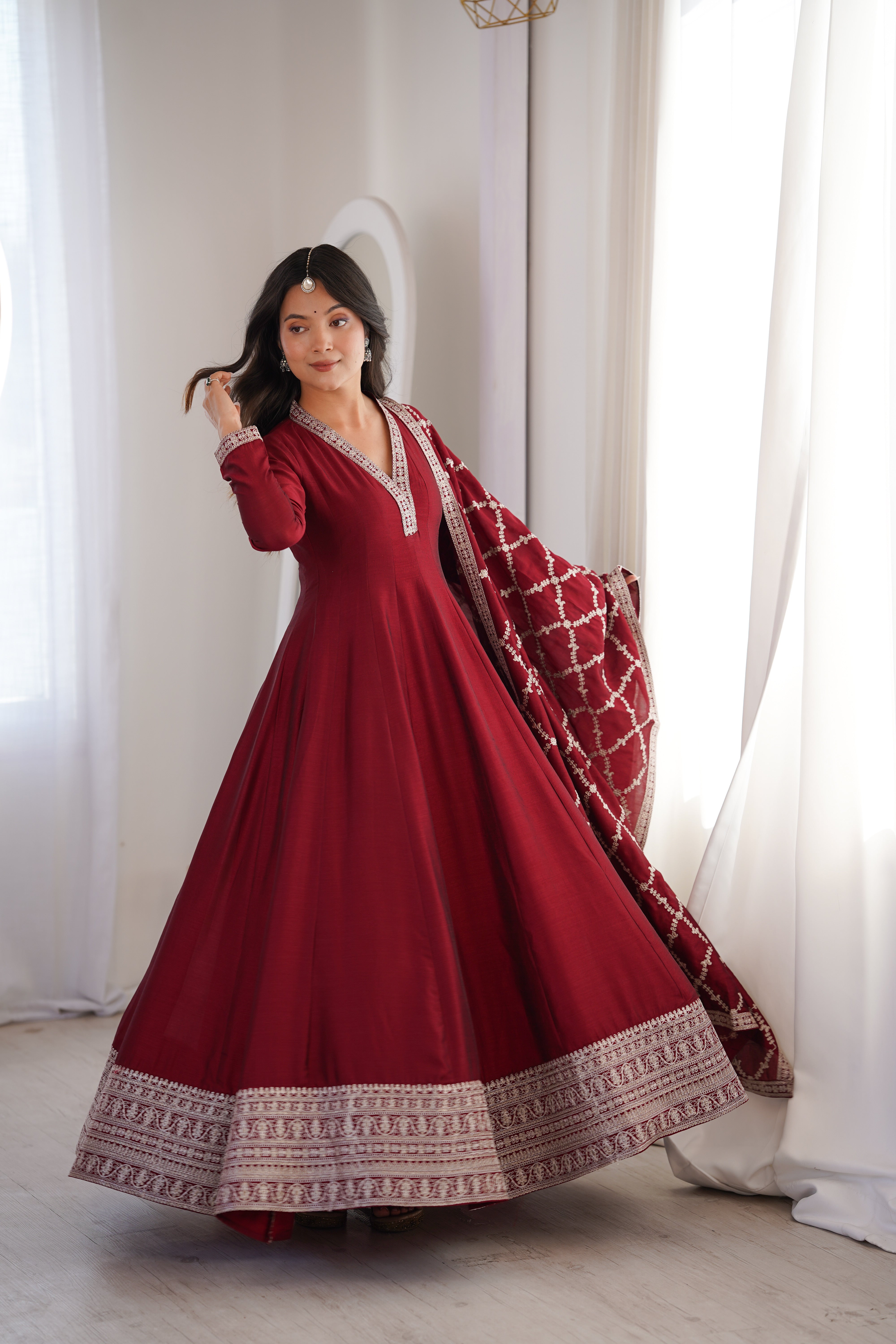 Maroon Embroidered Anarkali Suit Set with Dupatta – Festive & Party Wear